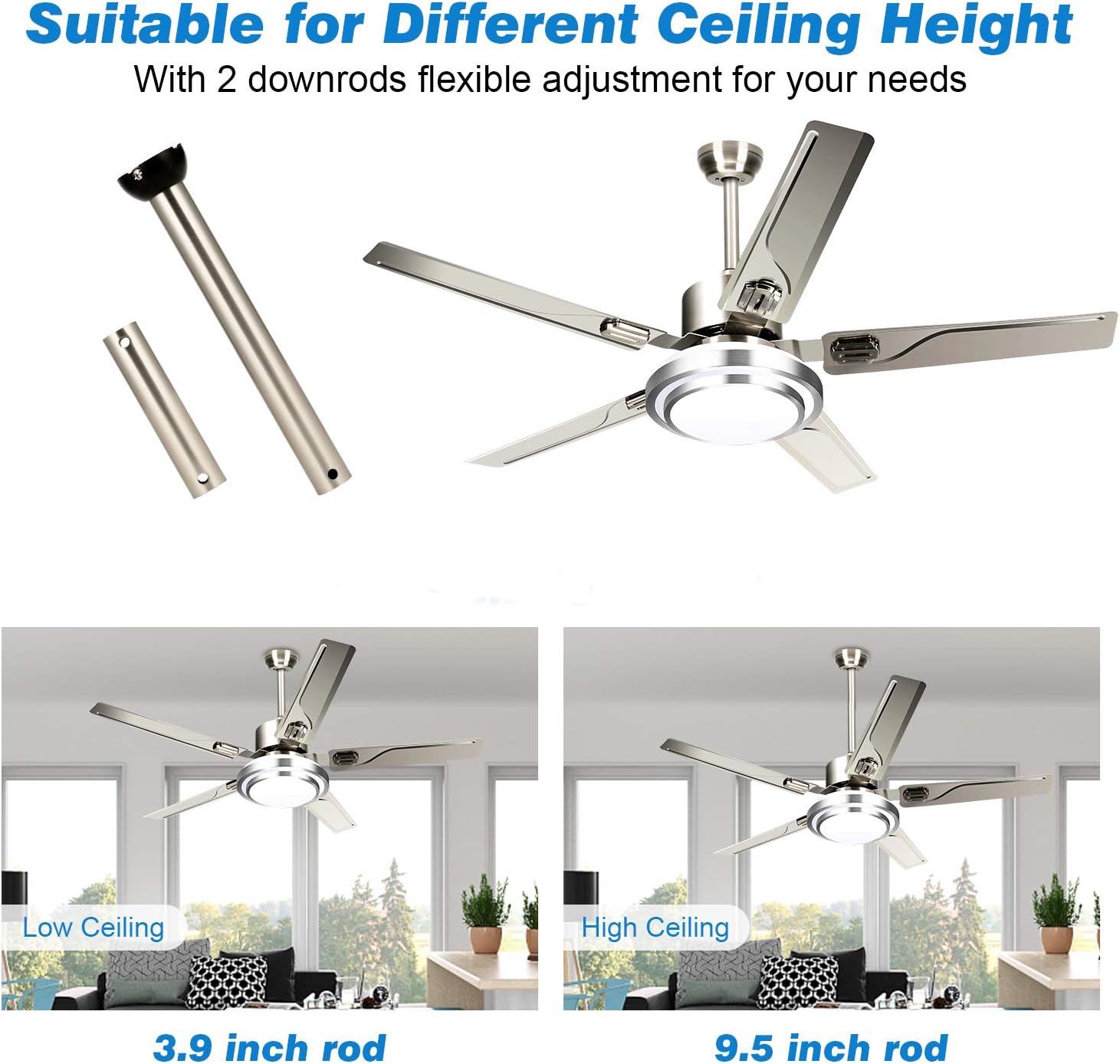 Buy Ledmo 2 Pack Stainless Steel Ceiling Fan With Lights Wall And Remote Control 3 Color Lights Timer Modern 48inch 5 Blades For Kitchen Bedroom Living Dinning Room Online In Indonesia B08qmn672k