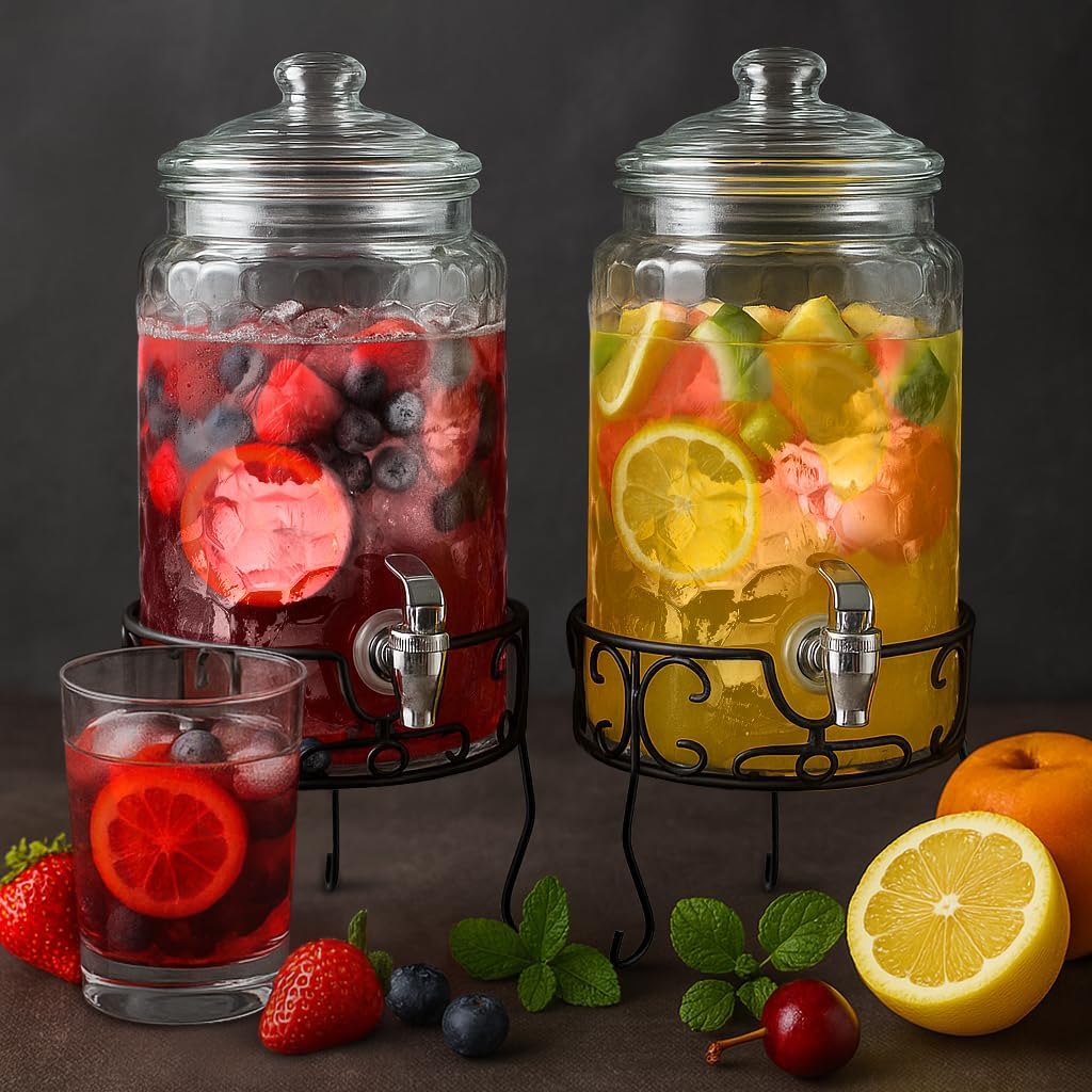 2 PACK 1.5 Gallon Drink dispenser, Classic Hammered Glass Beverage Dispenser With Elegant Stand, Drink Dispensers for Parties With Spigot 100% Leakproof. Perfect For Parties And Daily Use - Image 3