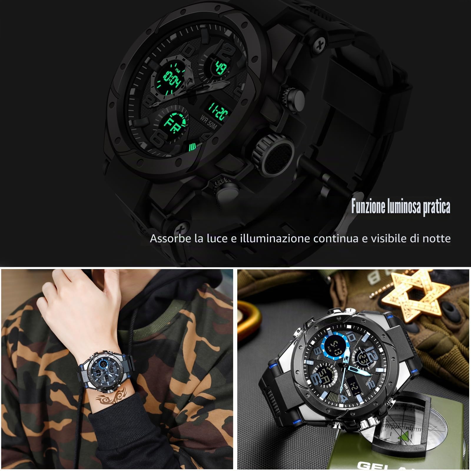 RORIOS Orologio sportivo da uomo, digitale, impermeabile, digitale, militare, orologio con sveglia, quadrante grande, quadrante blu, cinturino