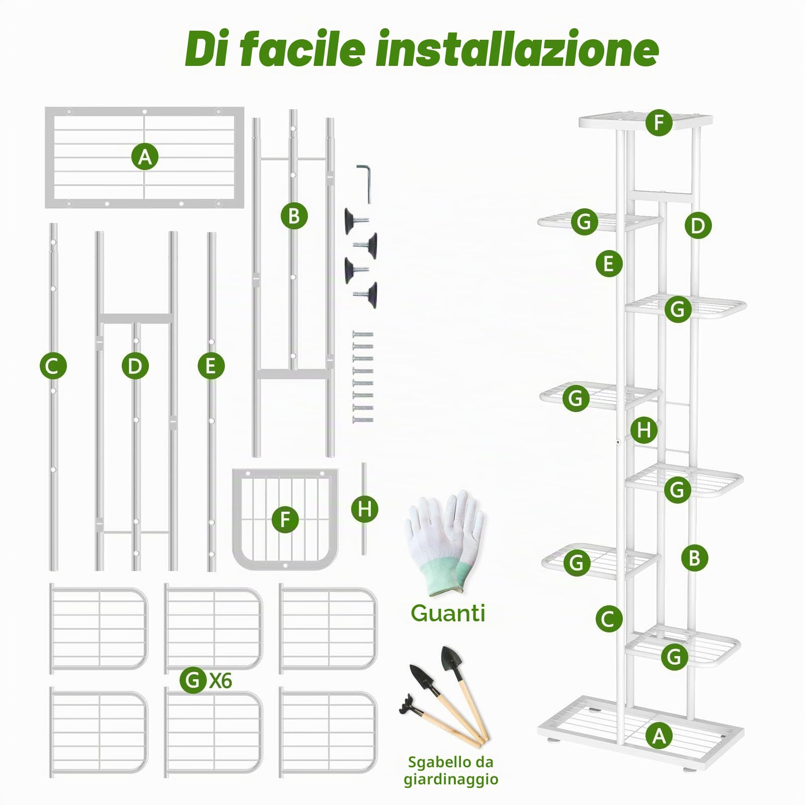 8 Livelli Porta Piante da Interno Esterno con Attrezzi da Giardino e Guanti, 141cm Supporto per Piante Fioriera in Metallo Scaffale Angolare Piedistallo per Piante Vasi da Balcone, Bianco