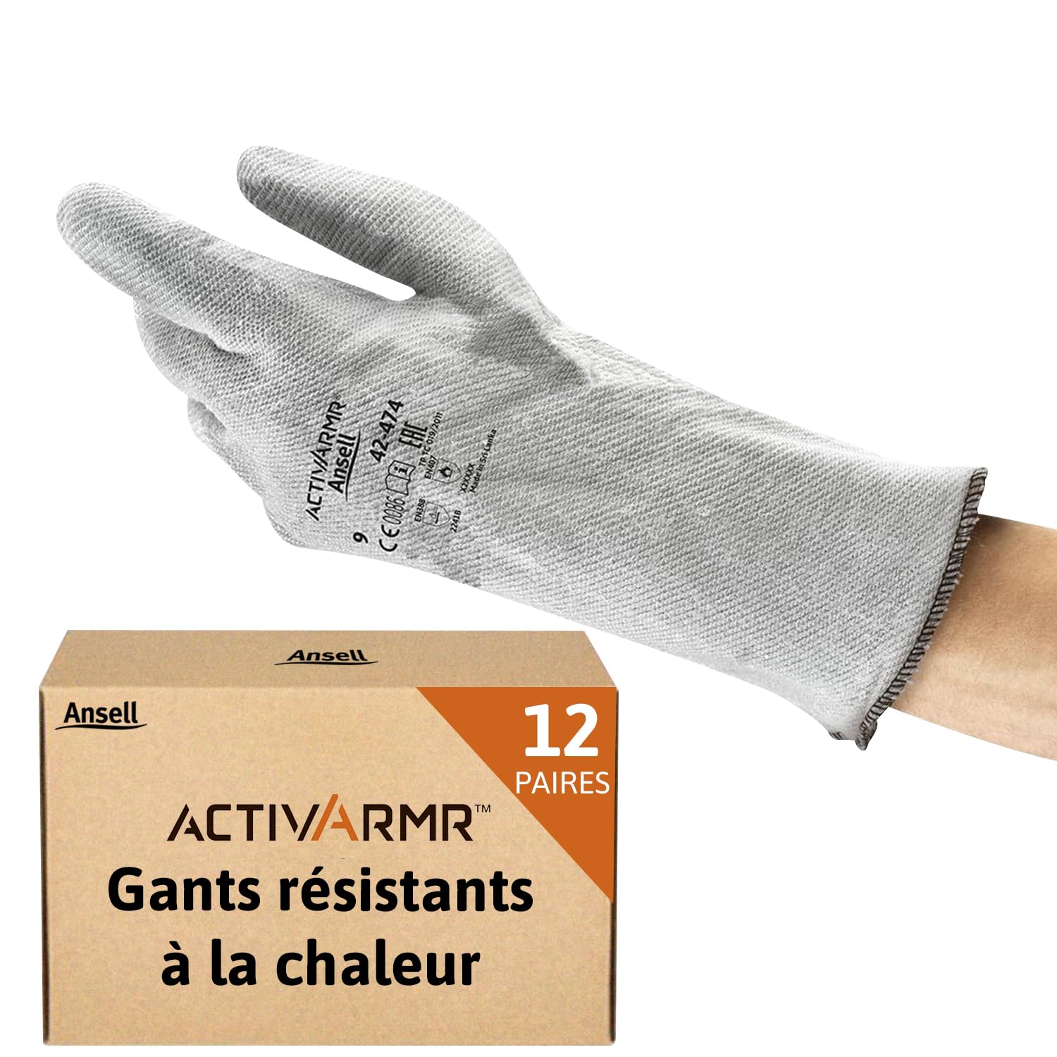 Ansell ActivArmr 42-474, Gants de travail résistants à la chaleur, Gants de protection EPI sécurisés, Gants nitrile XL pour la mécanique et l'utilisation de produits chimiques, Gris, 12 paires