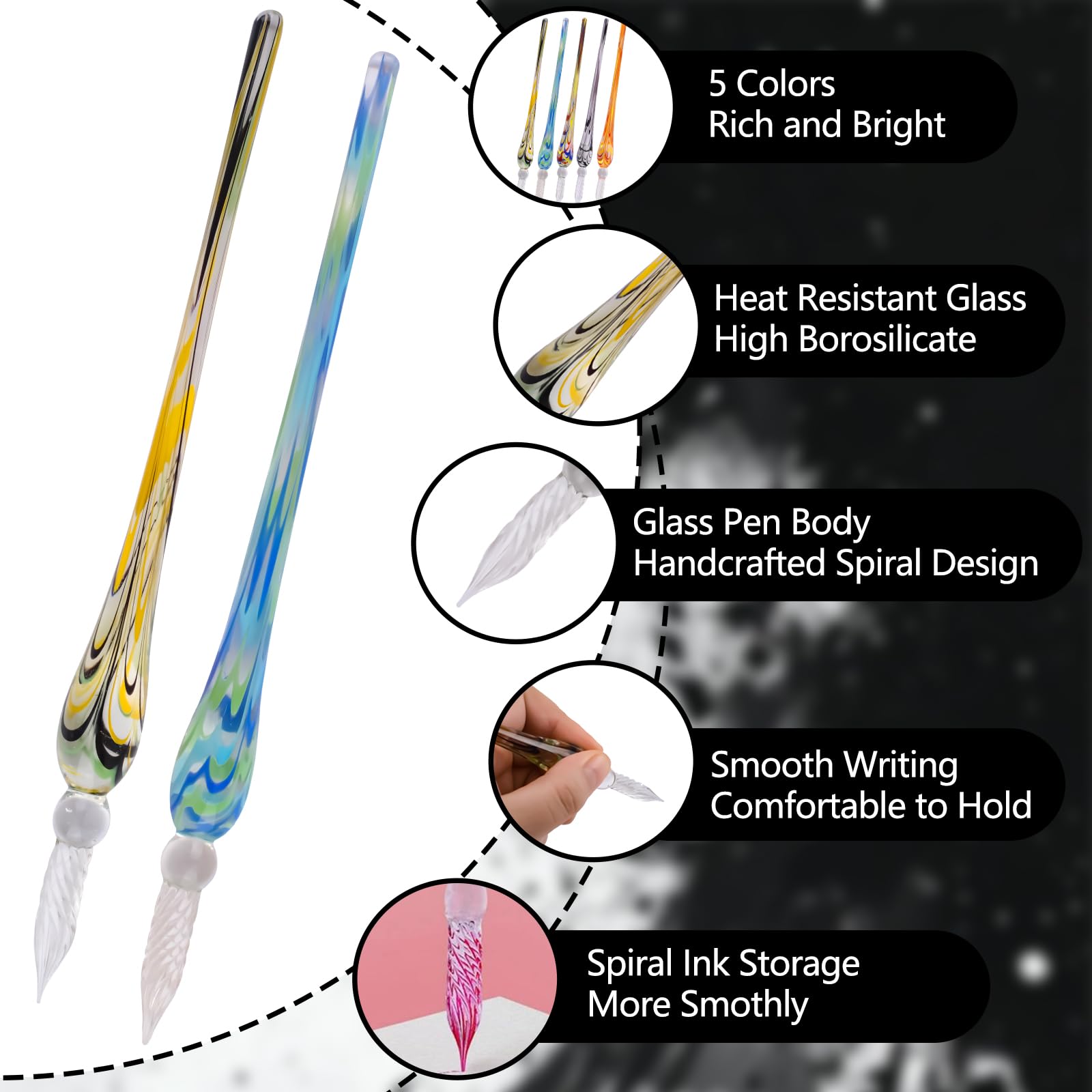WANDIC 5 penne stilografiche in vetro di cristallo con portapenna, penna calligrafia borosilicato per scrivere, disegnare, firme, calligrafia, regali