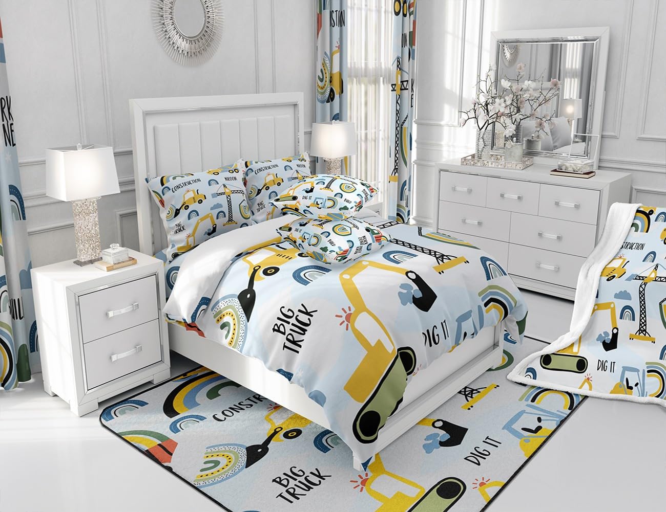Tappeto per area di costruzione 13 x 17 cm, tappeto decorativo per bambini, per ragazzi e adolescenti, attrezzature, camion, soggiorno, escavatore, trattore, giallo, tappetino per interni, decorazione