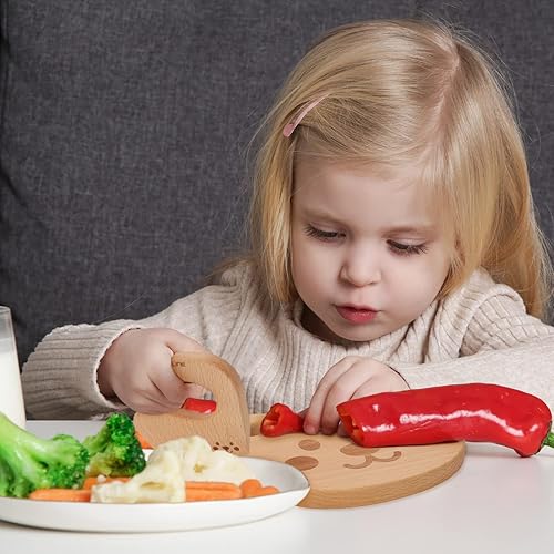 Miniatura 6 de Whaline Juego de cuchillos de madera para niños, tabla de cortar de madera de oso lindo y cuchillo de madera seguro para niños, cuchillo Montessori
