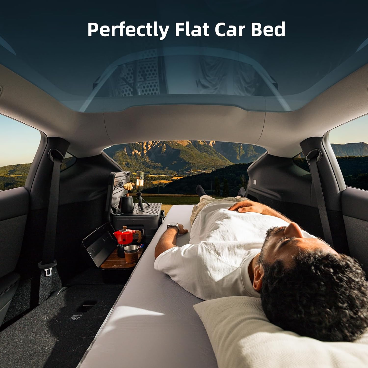 Tesla Model Y Solo Mattress, Wedge Design & 6.7-Inch Solid Foam for Flat Car Bed, Portable Camping Mattress w/Built-in Pump for Solo Campers, Hiking, Nap, Road Trip