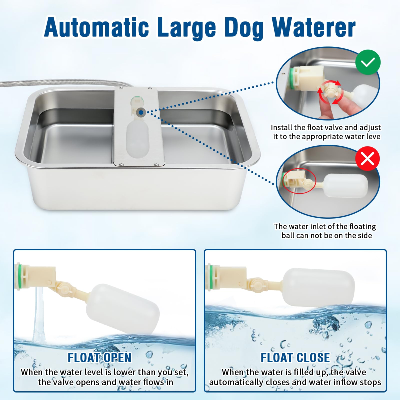 BWOGUE Dispensador automático de agua de 5 galones para perros grandes, cuenco de agua de acero inoxidable para exteriores, comedero de agua para perros de raza grande, comedero automático para perros