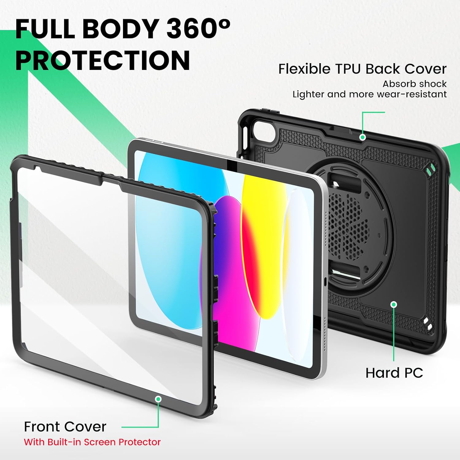 SEYMAC for iPad (A16) 11th/10th Generation Case 2025/2022 (11″/10.9″), Full-Body Shockproof Protective Case with Screen Protector, Rotating Stand, Hand/Shoulder Strap, Black