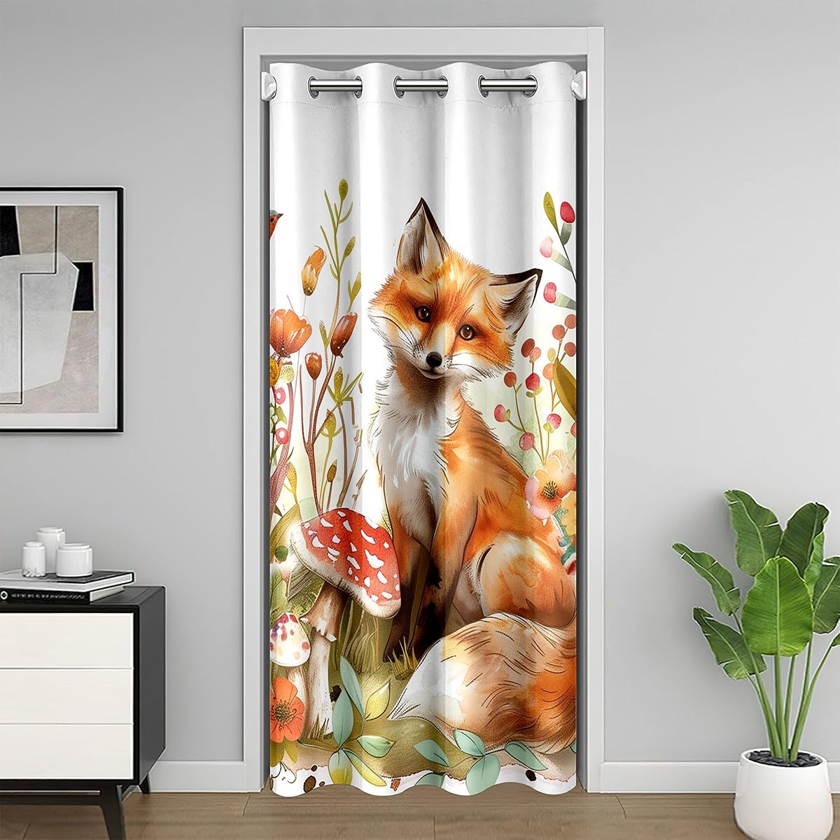 Watercolor Fox Door Curtain for Boys Girls Jungle Mushroom Flowers Doorway Curtain 34