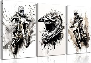 ZUGHRERF Motorbike Trendy Canvas Wall Art Black and White Motorcycle Poster Prints Artwork Cool Racer Sports Pictures Motocross Rider Graffiti Helmet Painting for Boys Teen Man Cave Home Decor 12x16in