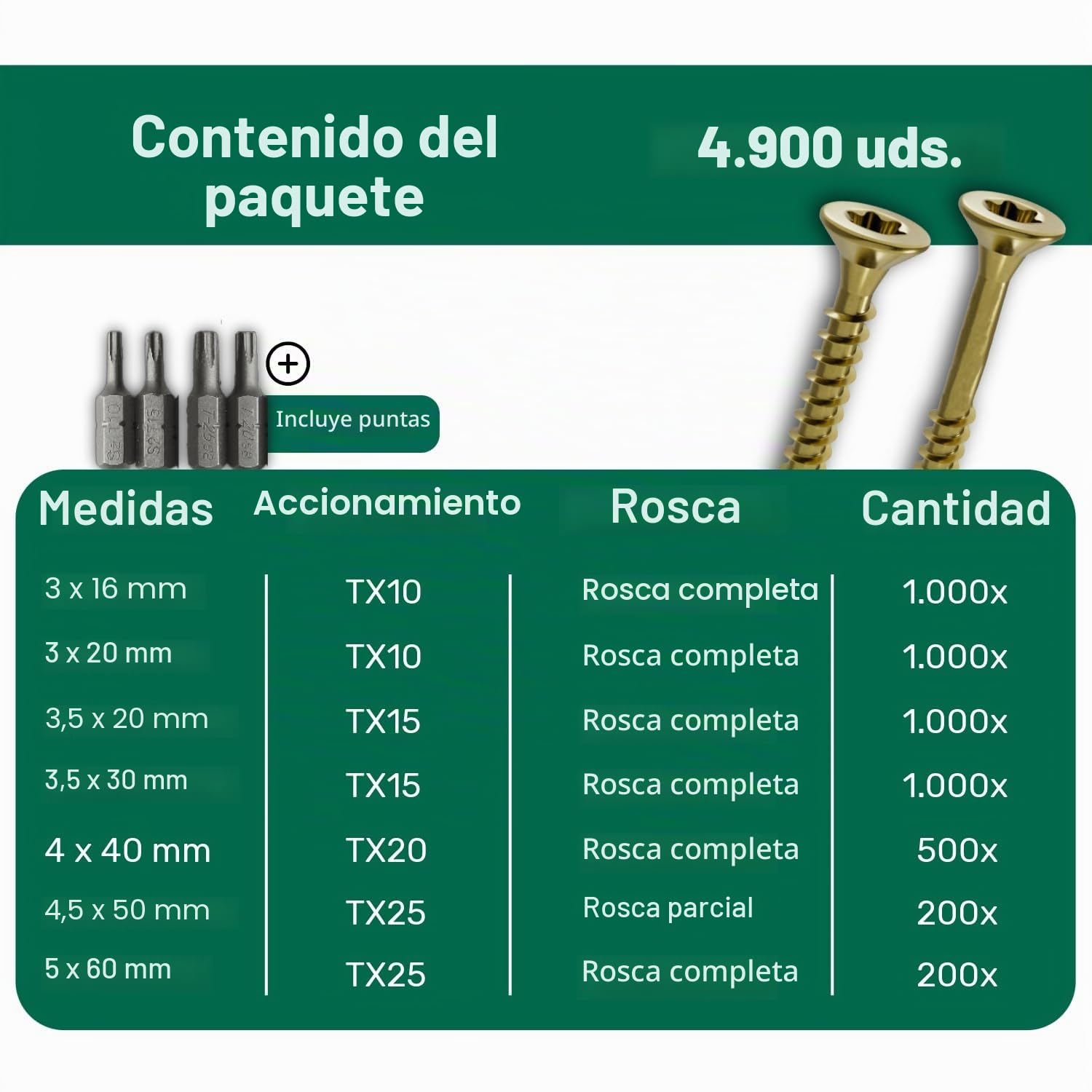Tornillos tirafondos de cabeza avellanada Torx Parco, surtido de 4900 piezas, amarillo galvanizado + puntas Torx 890P109