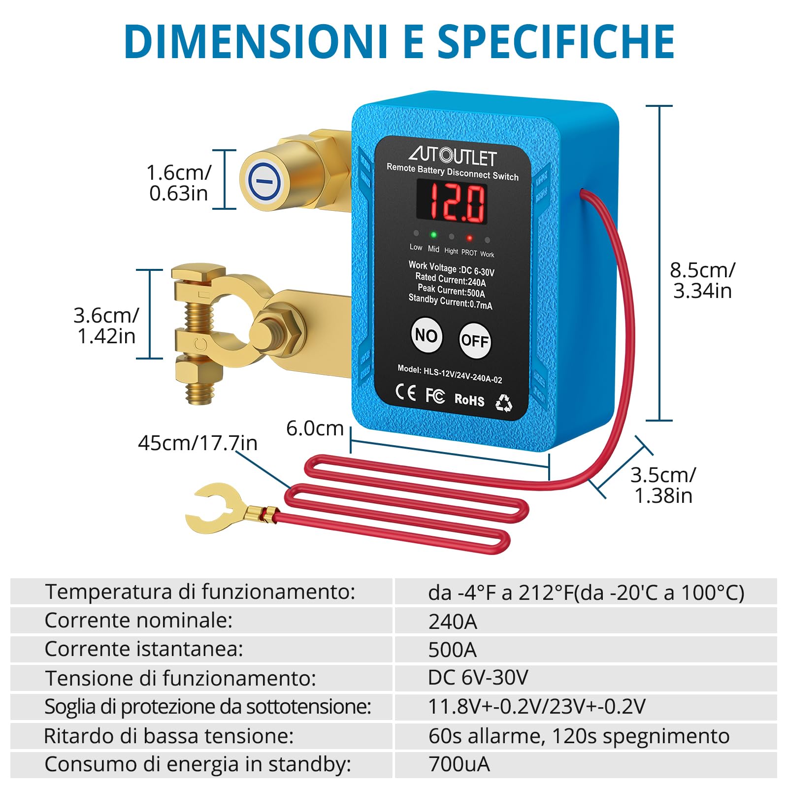 AUTOUTLET Stacca Batteria per Auto DC 6V-30V 240A, Sezionatore Auto Remoto Senza Fili con Telecomando e Chiave Inglese per Camion Barca RV Roulotte,Display LCD e Spegnimento Automatico