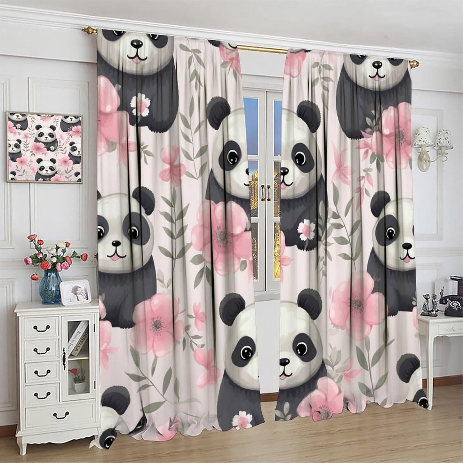 Brebasf Cute Cartoon Panda Floral Blackout Curtains,Watercolor Boys Girls Room Decor Forest Animal Panda Thermal Insulated Rod Pocket Blackout Curtains/Drapes Window 2 Panels 63" L x 27.5" W