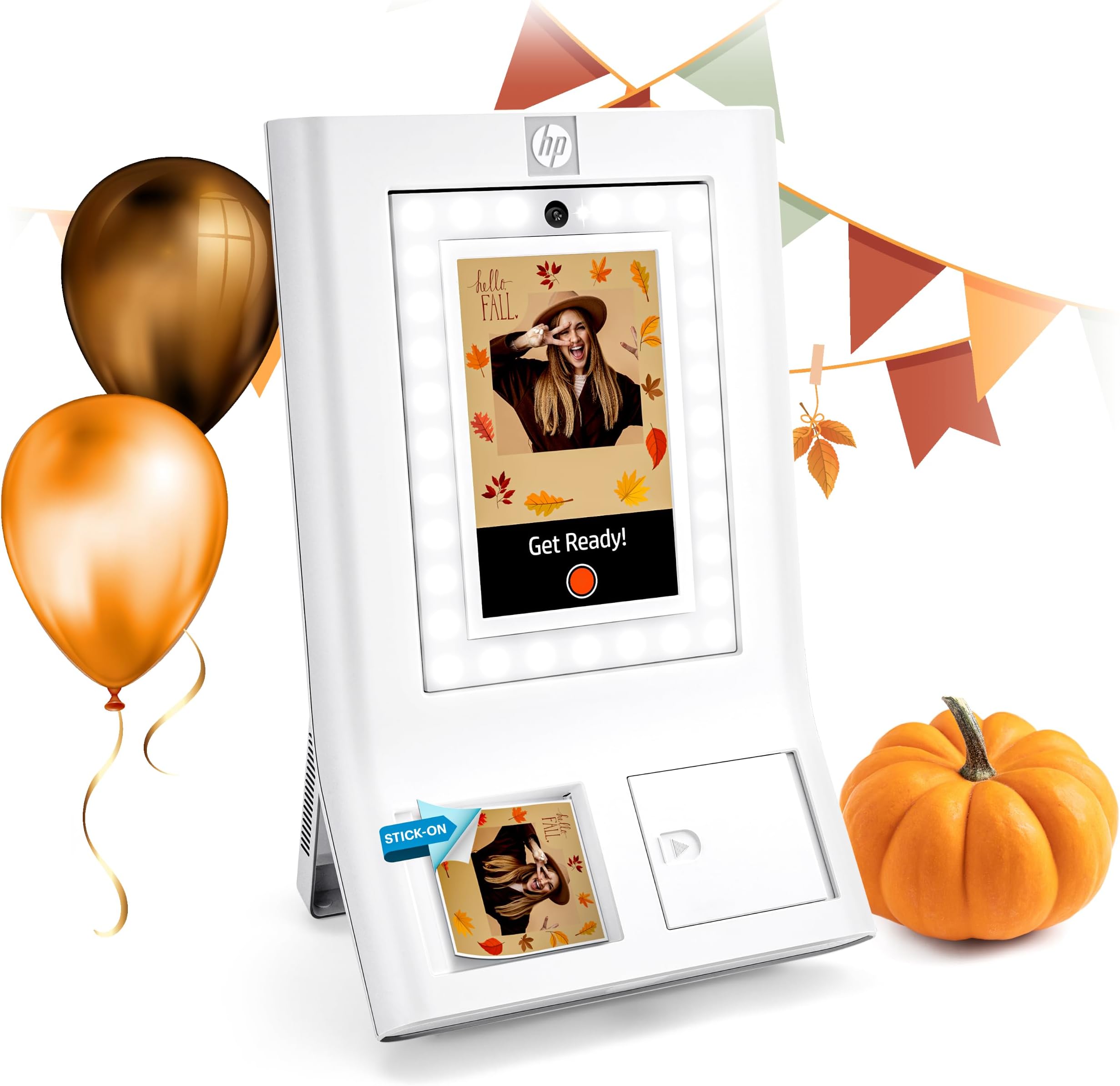 HP Sprocket Photo Booth Machine Instant Color Photo Printer - 10.1" Touchscreen Photobooth, LED Ring Light - Customize w/ 250+ Frames, Prints on 3x4 Zink Paper or Share via QR Code, Mobile App - White