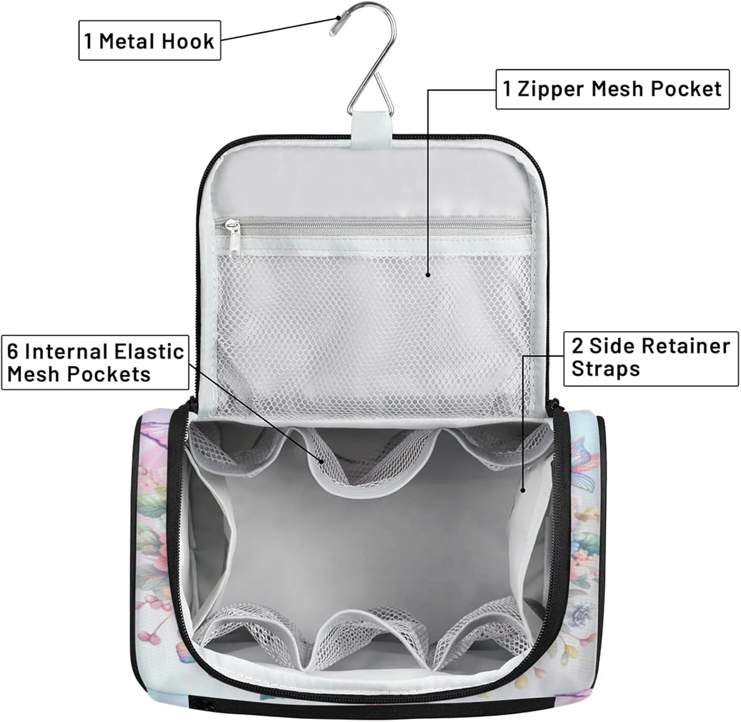 cfpolar Toiletry Bag for Women, Spring Flower Butterfly Hanging Travel Toiletry Bag, Water-resistant Cosmetic Makeup Organizer for Toiletries and Cosmetics, Bathroom Shower Bag with Handle and Hook
