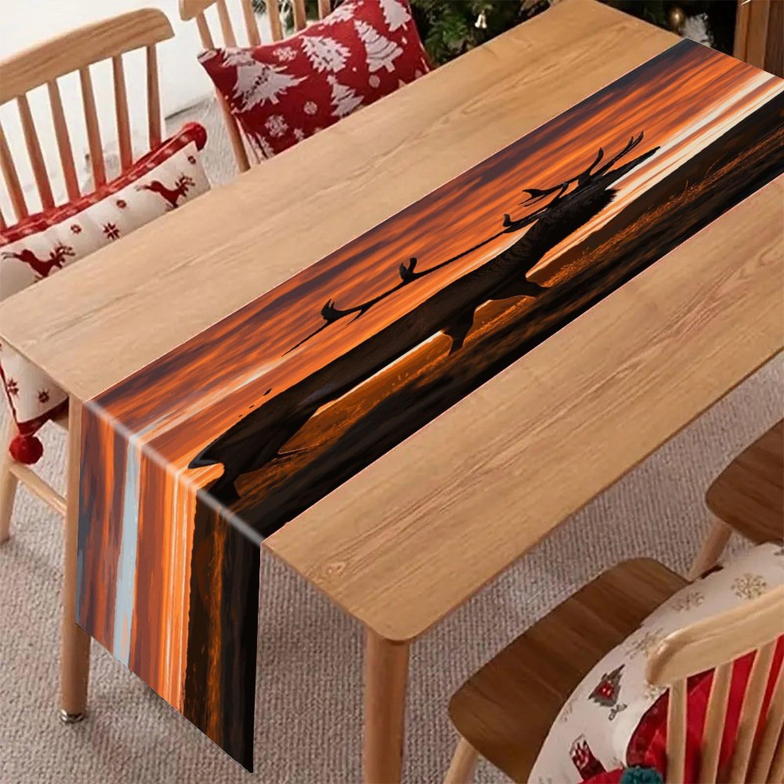 Khauerbc Style Red Deer Bull Elk Sunset Linen Table Runner-70.87*12.99 Inch,This Decorative Table Runner Is Wrinkle Resistant Table Mat. Embroidered Table Runners As Kitchen Dining And Coffee Tables.