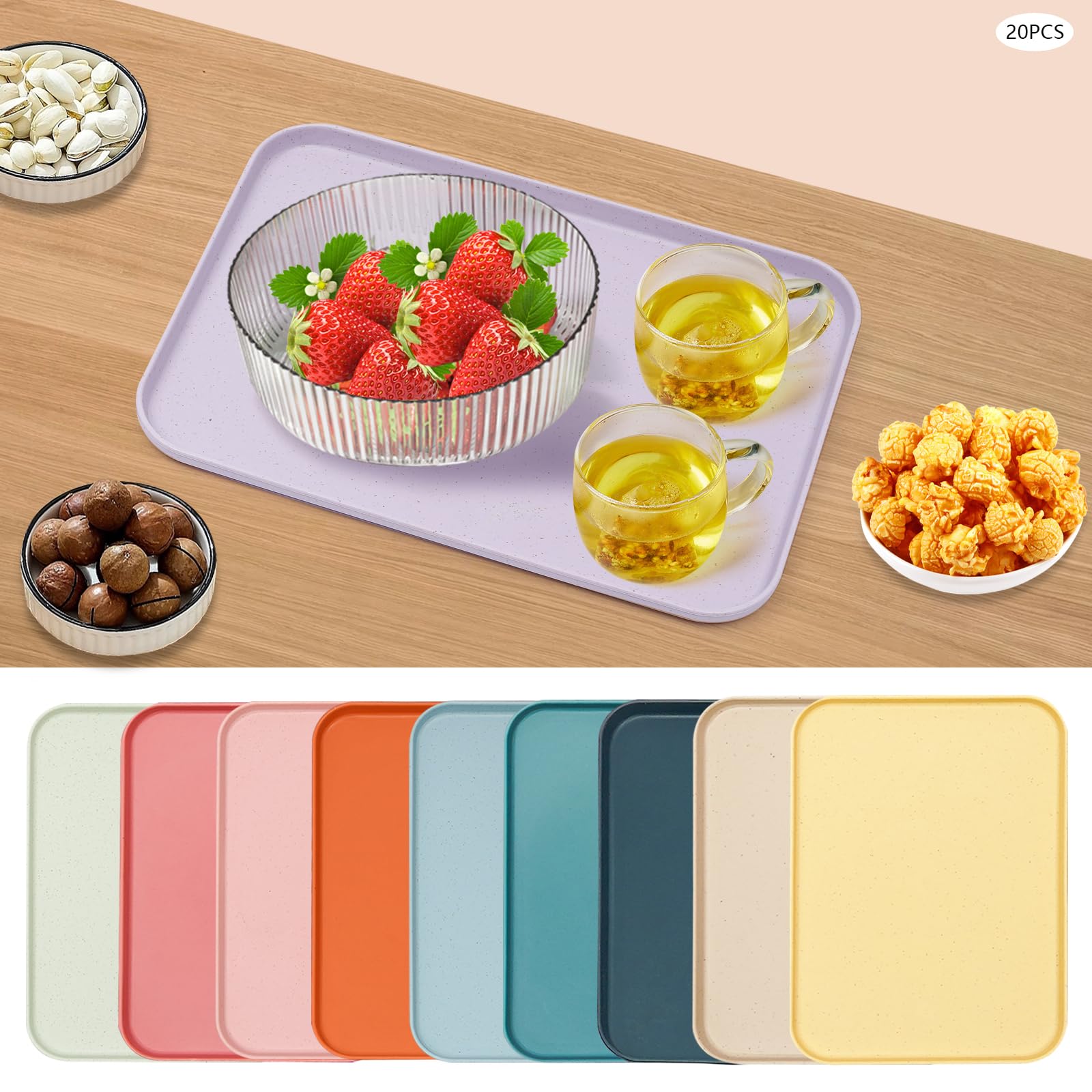 Vassoio da portata in plastica, 10 colori, 31 x 22 cm, rettangolare, antiscivolo, per cucina, sala da pranzo, fast food bar e caffetteria, 20 pezzi