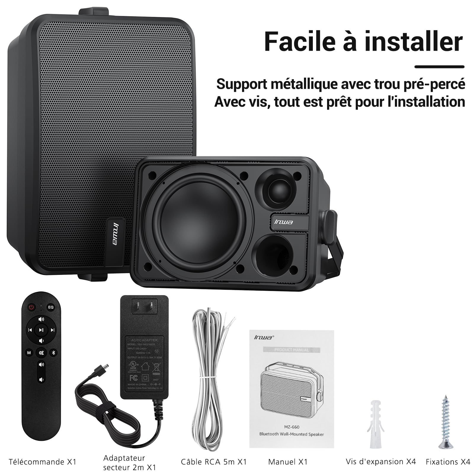 Inwa Enceinte Bluetooth 500 W - Support mural actif / passif - IPX5 - Sans fil - Stéréo - Aux - Pour l'intérieur et l'extérieur couvert - Paire - MZ660 - RMS 50 W