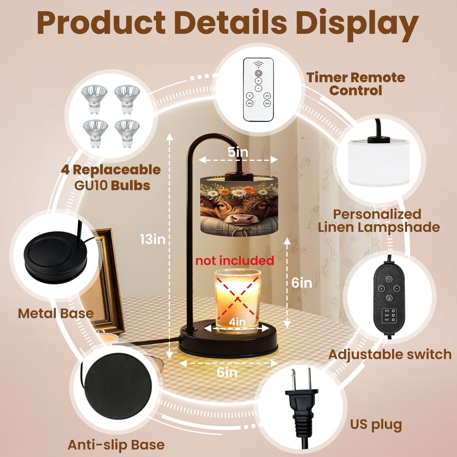 Candle Warmer Lamp with Timer and Dimmer, Cute Highland Cow Baby Rustic Farmhouse Daisy Amiable Calf Aesthetics Wax Melt Warmer with 4 Bulbs, House Warming Birthday Gifts for Women Mom New Home Decor