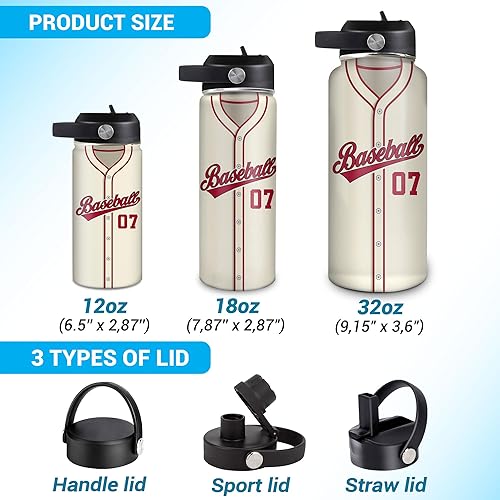 Vista 86 de Hyturtle Botella de agua de béisbol personalizada, botella de acero inoxidable aislada de viaje con tapa a prueba de fugas, 18 onzas, 32 onzas