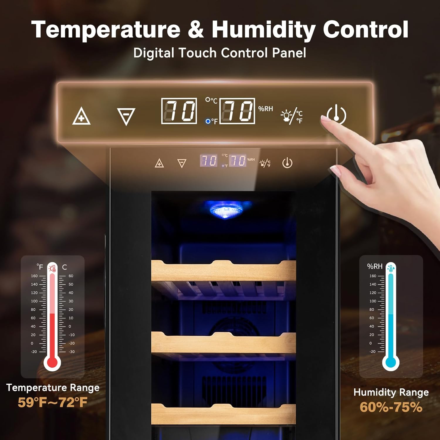 Electric Cooler Cabinet 35L with Temperature and Humidity Control, Spanish Cedar Wood Shelves and Safety Lock (300 Counts Capacity), Gift for Men