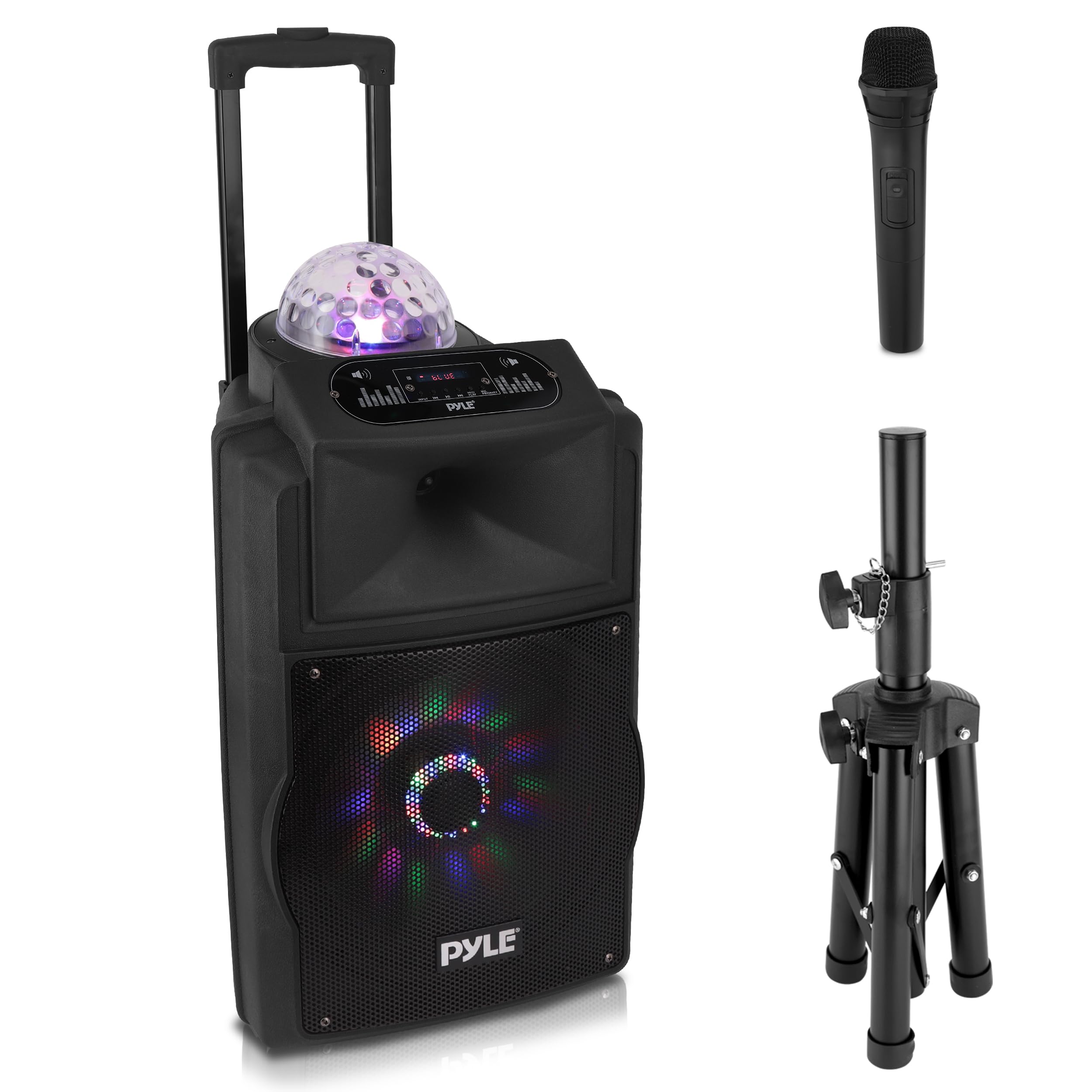 Pyle Speaker System, PA, 700W, Bluetooth, Microphone, Portable, Rechargeable, Indoor, Outdoor, Recording Function, Microphone, Party Lights, USB/SD Radio, Black