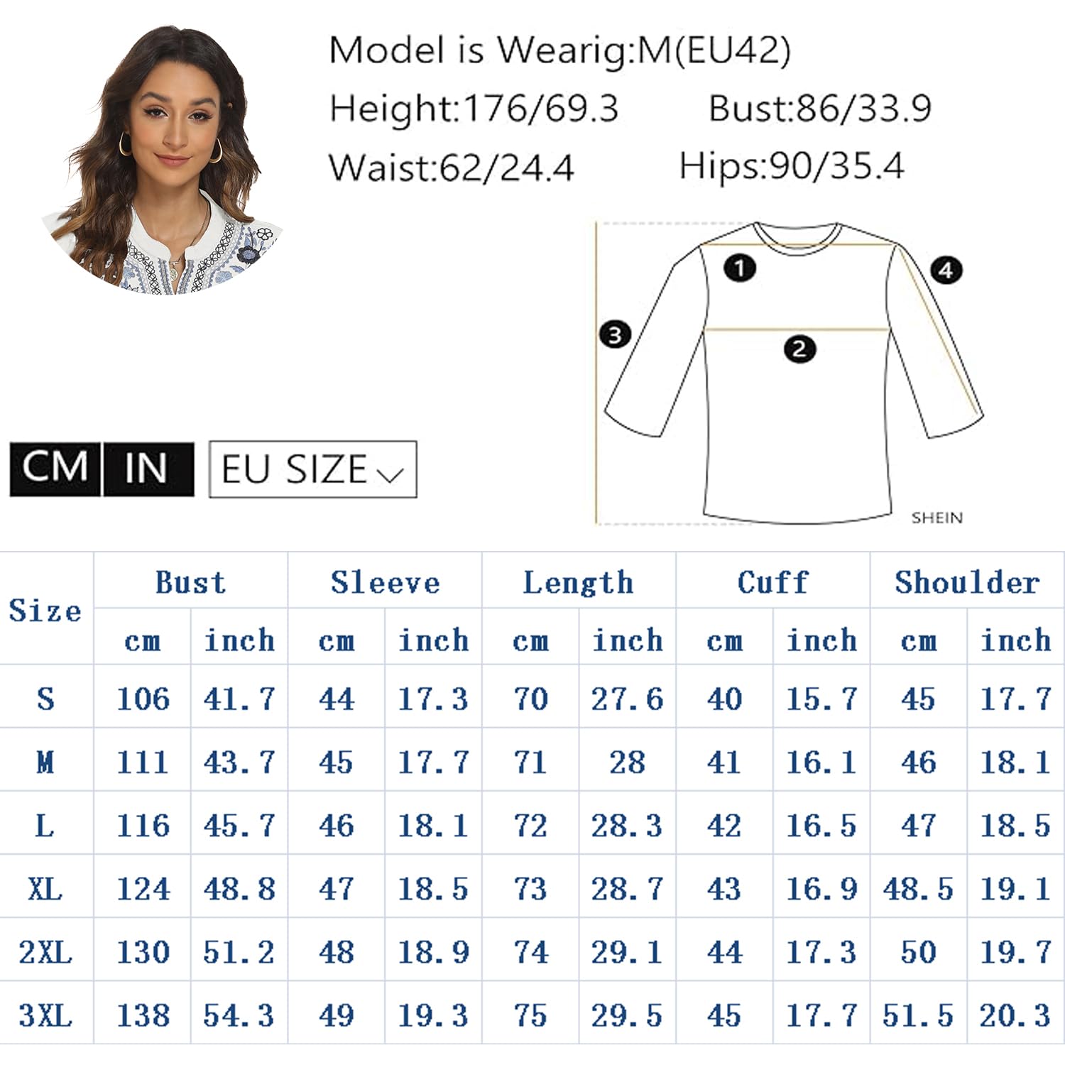 Mexique Femmes bohème brodé Chemise Folklore Fleurs Tunique Top bohème Chemise Manches 3/4 col V