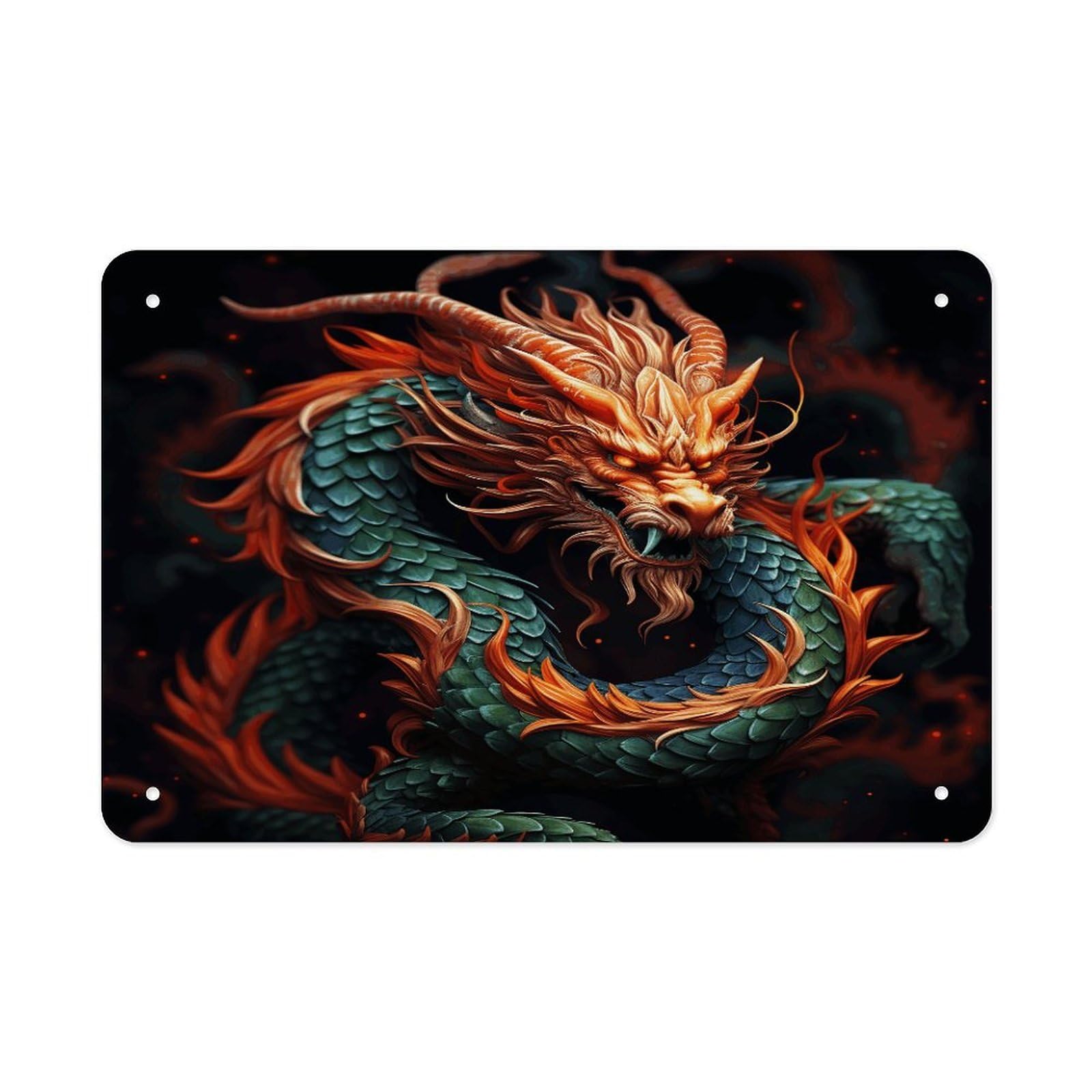 Chinese Dragon Metal Tin Sign 12"x8" Wall Art Prints Poster Decorative Picture Metal Signboard Decor Painting Folded Edge Iron Sheet Painting with Holes for Wall Decor