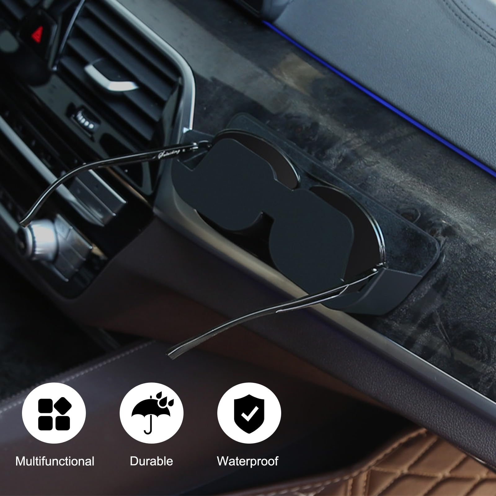 1 caja de almacenamiento para gafas de coche, ABS de 6.4 x 2.2 x 1.4 pulgadas + caja de gafas de sol laterales con forro antiarañazos para salpicadero central, accesorios de montaje
