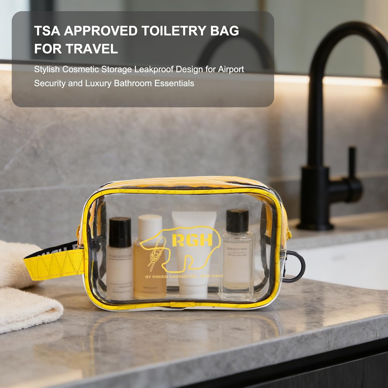Rough Enough Clear TSA Approved Toiletry Bag for Men Women Travel Cosmetic Organizer with Dry Wet 2 Compartments Yellow