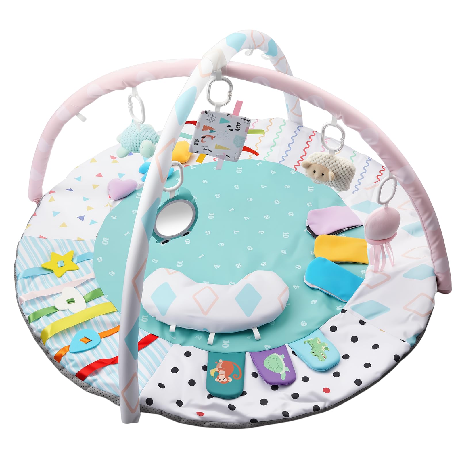 FUNYKICH Spielbogen Baby, Spieldecke Baby mit 6 Spielzeugen & Kissen, Rutschfeste Baby Gym für Babys von 0-18 Monaten, fördert Sinne & Motorik, zusammenklappbare Spielmatte ideales Geschenk für Babys