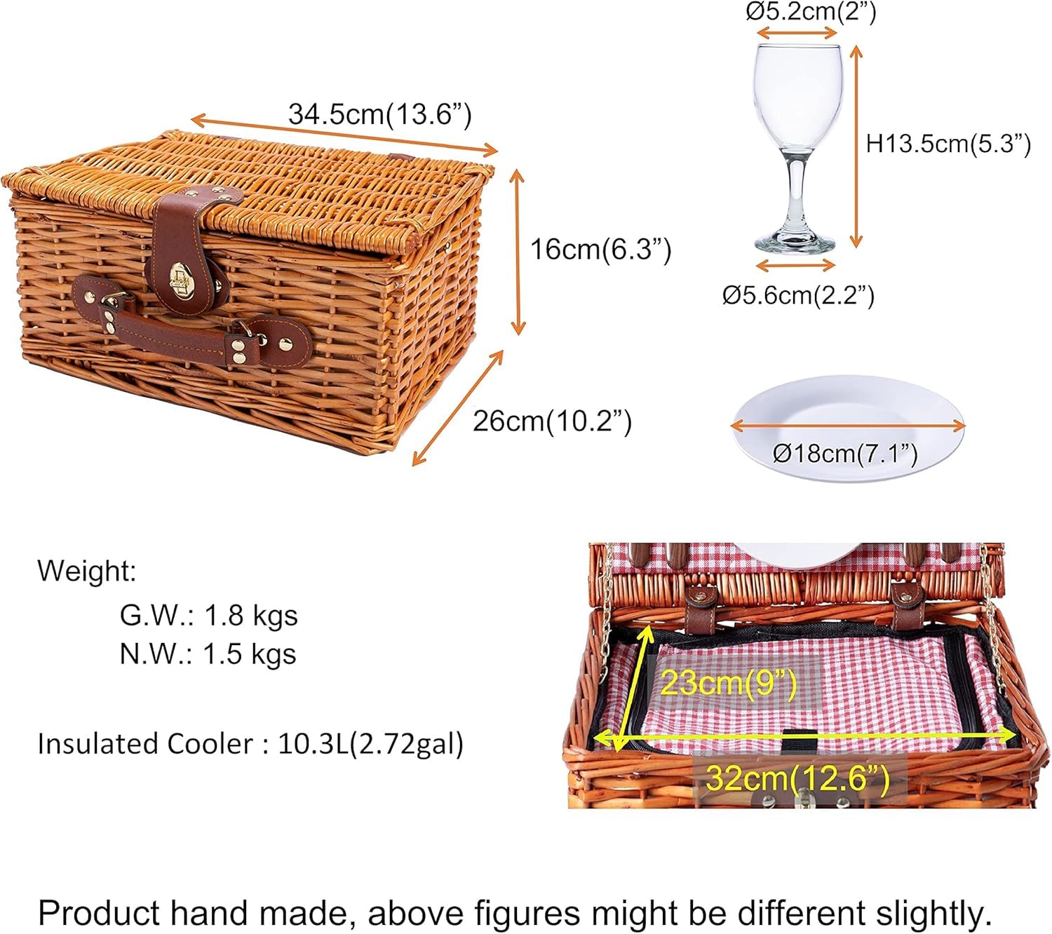 Set 1 Handgefertigtes Picknickkorb für 2 Personen mit Kühlfach und Zubehör + 1 wasserdichte Picknickdecke | Rot