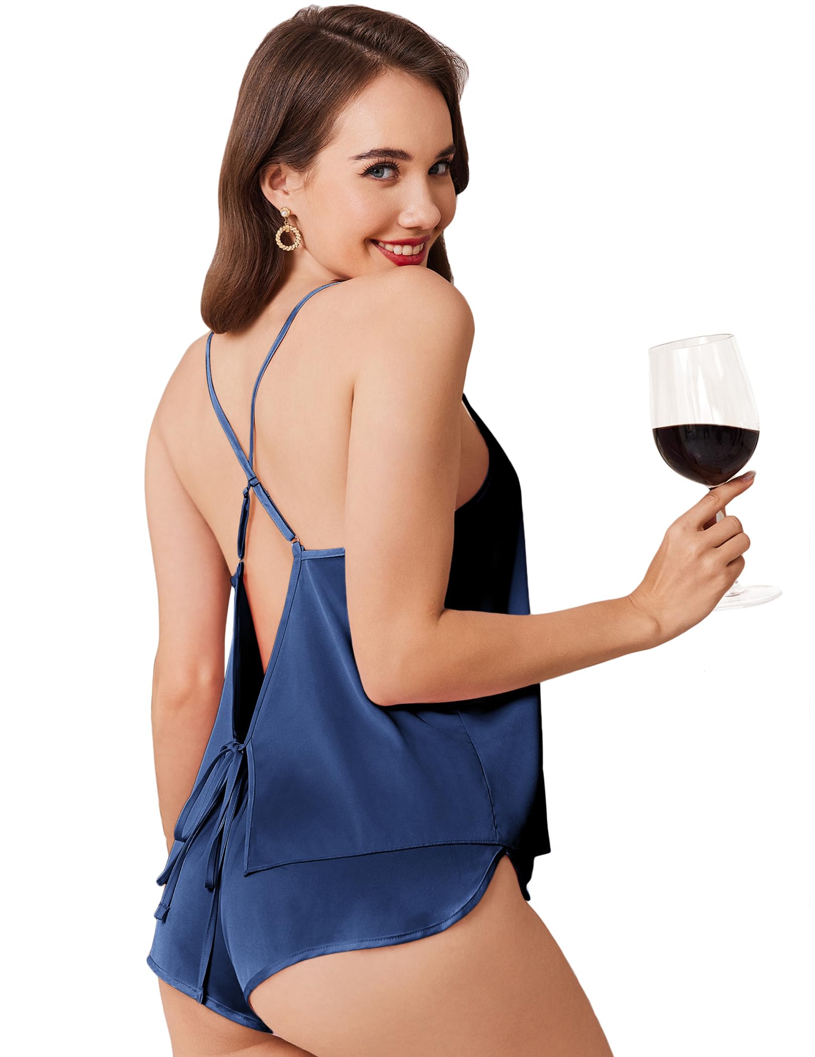 Ekouaer Womens Satin Pajama Sets Silky Backless Pjs Camisole Top and Shorts Soft Nightwear Set