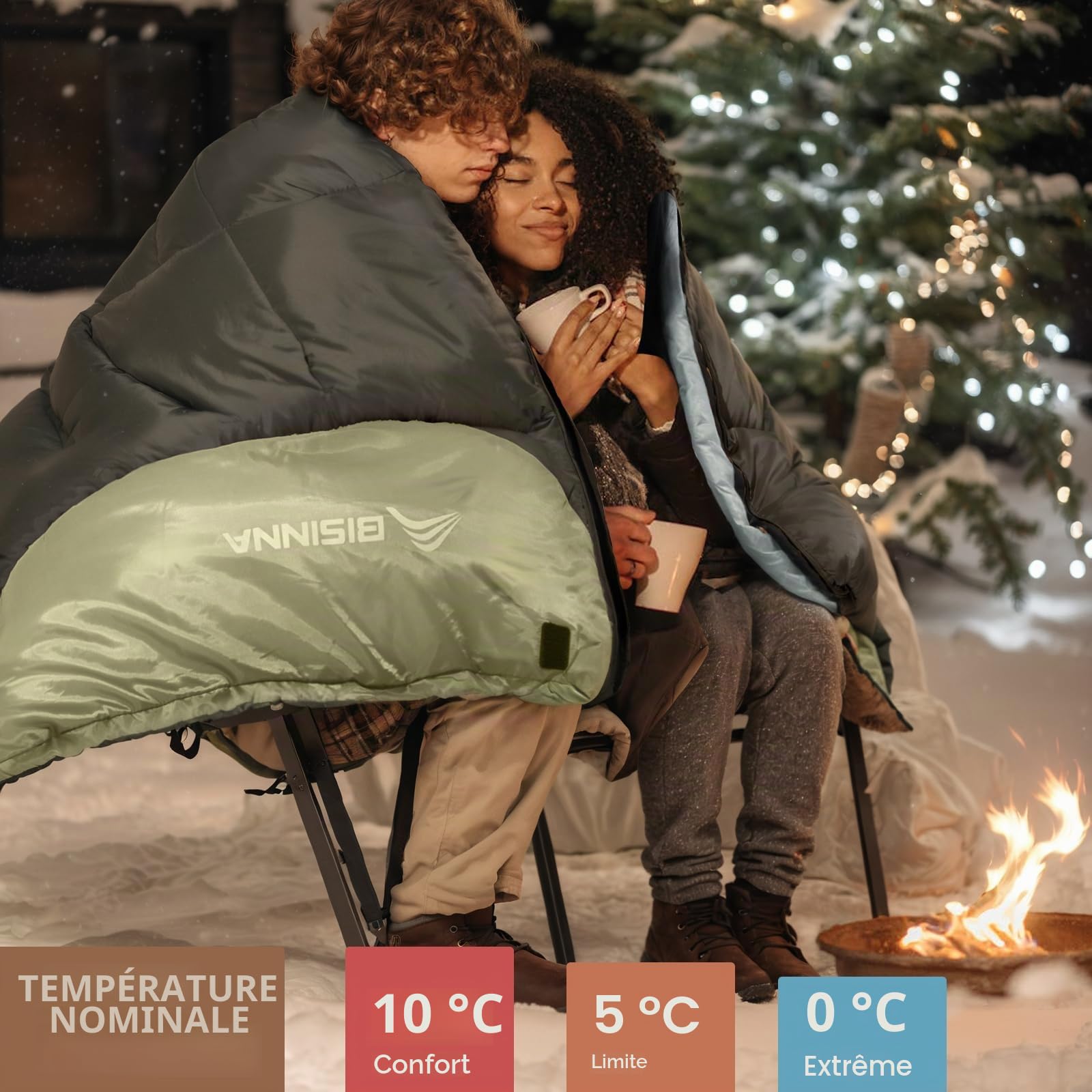BISINNA Sac de Couchage Double 0°C 4.2kg | 2 oreillers, sac de compression, déperlant. Pour couples, familles, camping, caravaning.