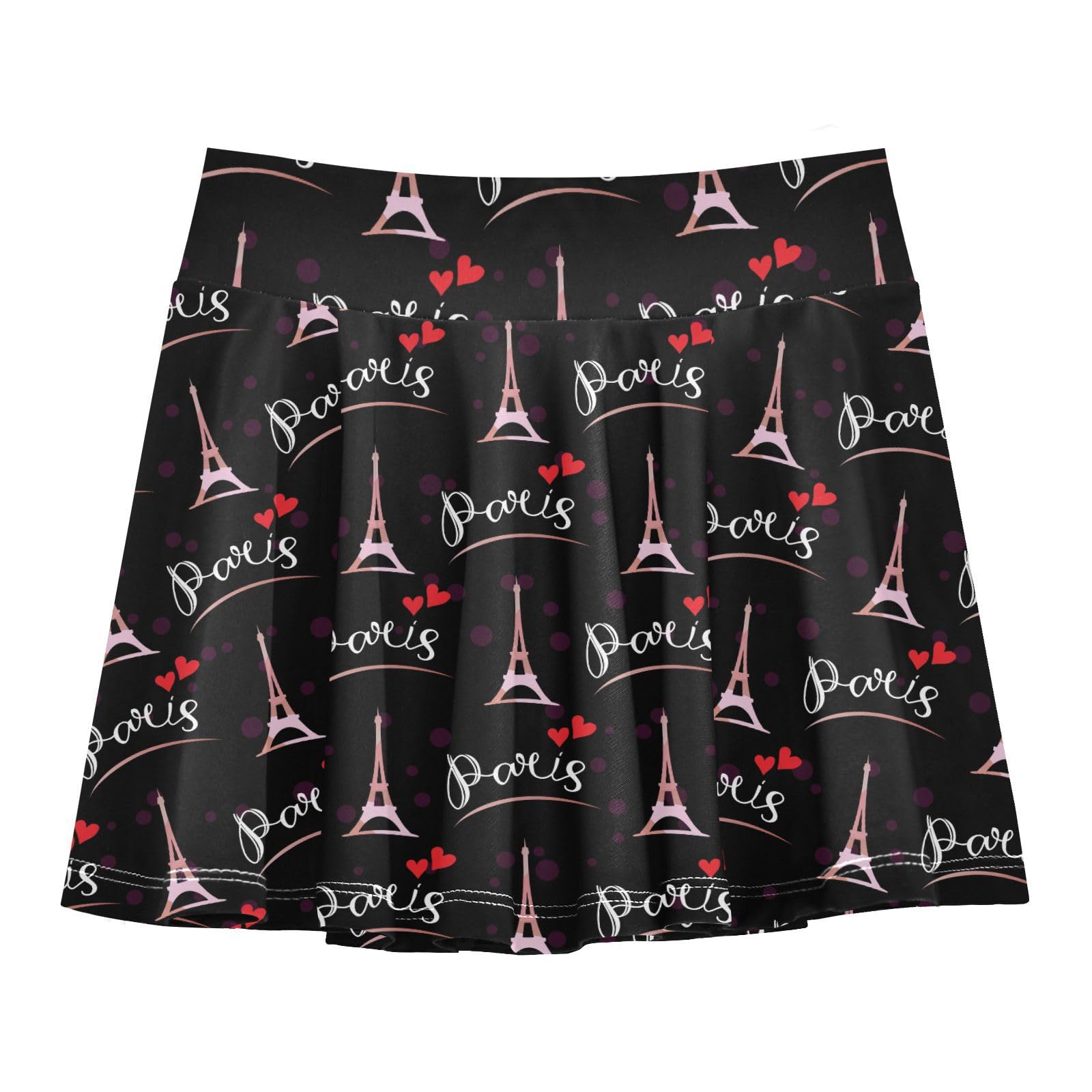 Aflyko Girls Pleated Skater Skirt France Paris Eiffel Tower Heart High Waist Cheerleading Dress Dance Skort with Lining Shorts Weekend Date Outfit Short Bottoms, 9-10Y Multicoloured