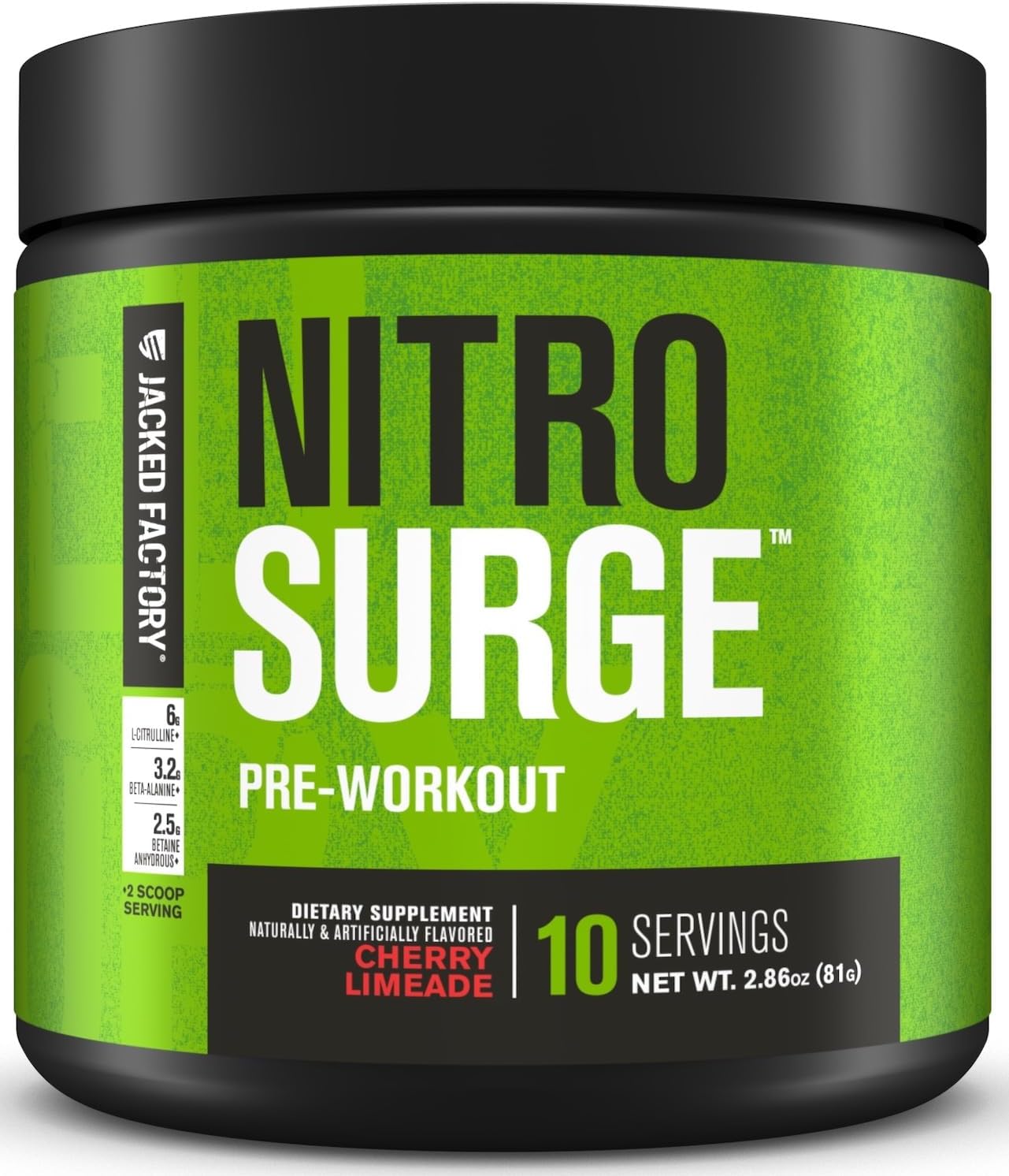 Jacked Factory NITROSURGE Pre Workout Supplement - Endless Energy, Instant Strength Gains, Clear Focus, Intense Pumps - NO Booster & Preworkout Powder with Beta Alanine - 10 Servings, Cherry Limeade