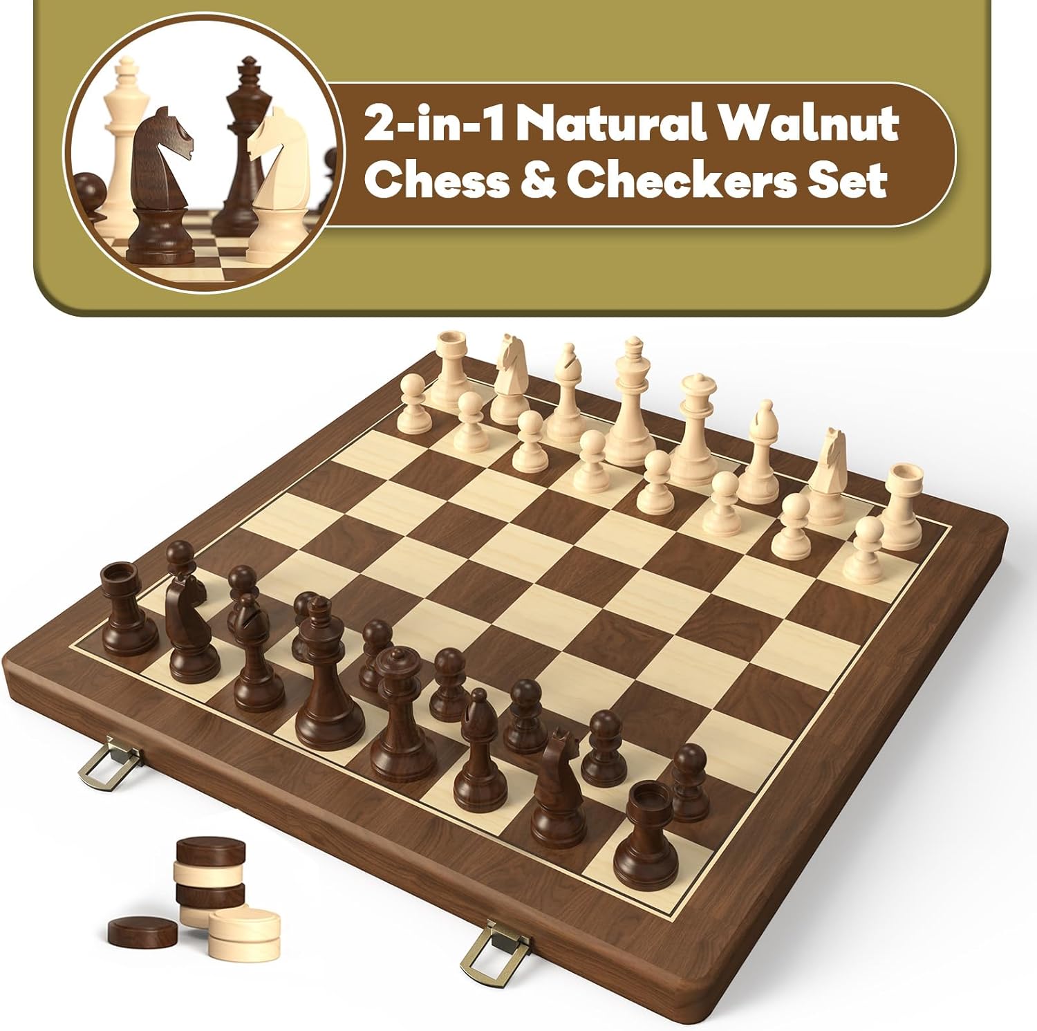 Premium Natural Walnut 15" Magnetic Wooden Folding Chess & Checkers Set- 2 in 1 Board Game with 3" King Staunton Pieces and 2 Extra Queens, Checkers, and Dust-Proof Storage Bag (Red)