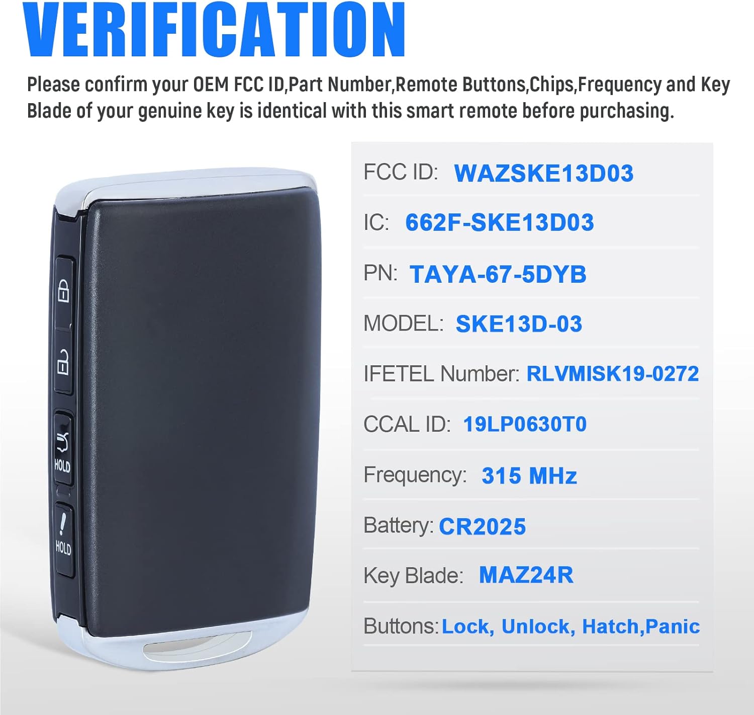 Smart Remote Keyless Entry Key Fob Replacement for Mazda CX-5 CX-9 2019 2020 2021 4 Button 315MHz FCCD:WAZSKE13D03 (4 Buttons)