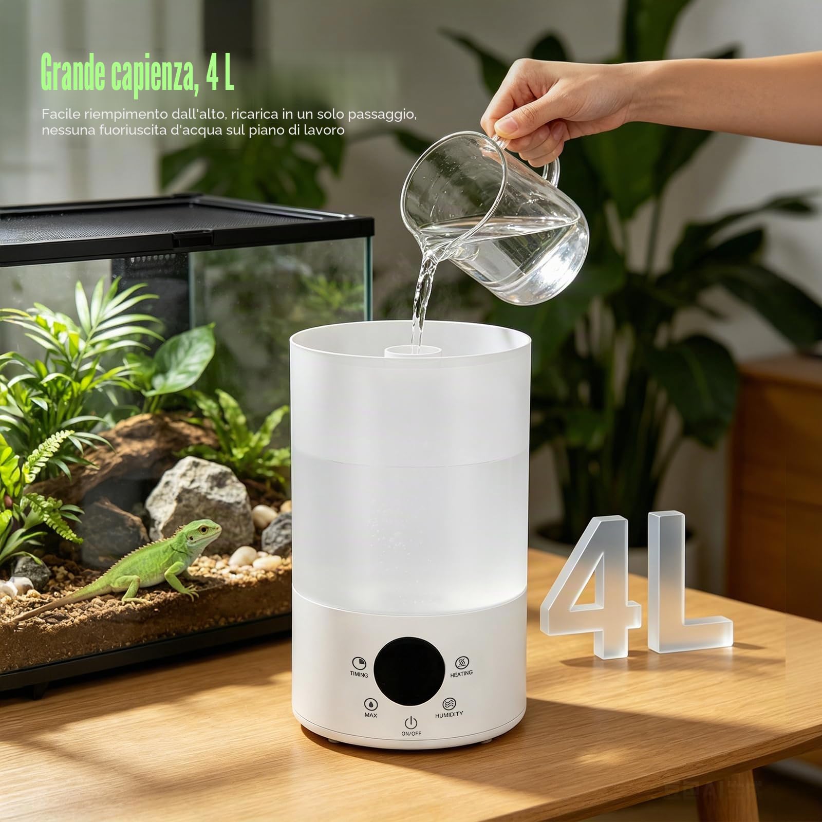 Umidificatore per rettili, 4 l, nebulizzatore per terrario con sensore di umidità, timer, doppio tubo estensibile, ultra silenzioso, grande macchina per nebulizzazione per rettili anfibi piante