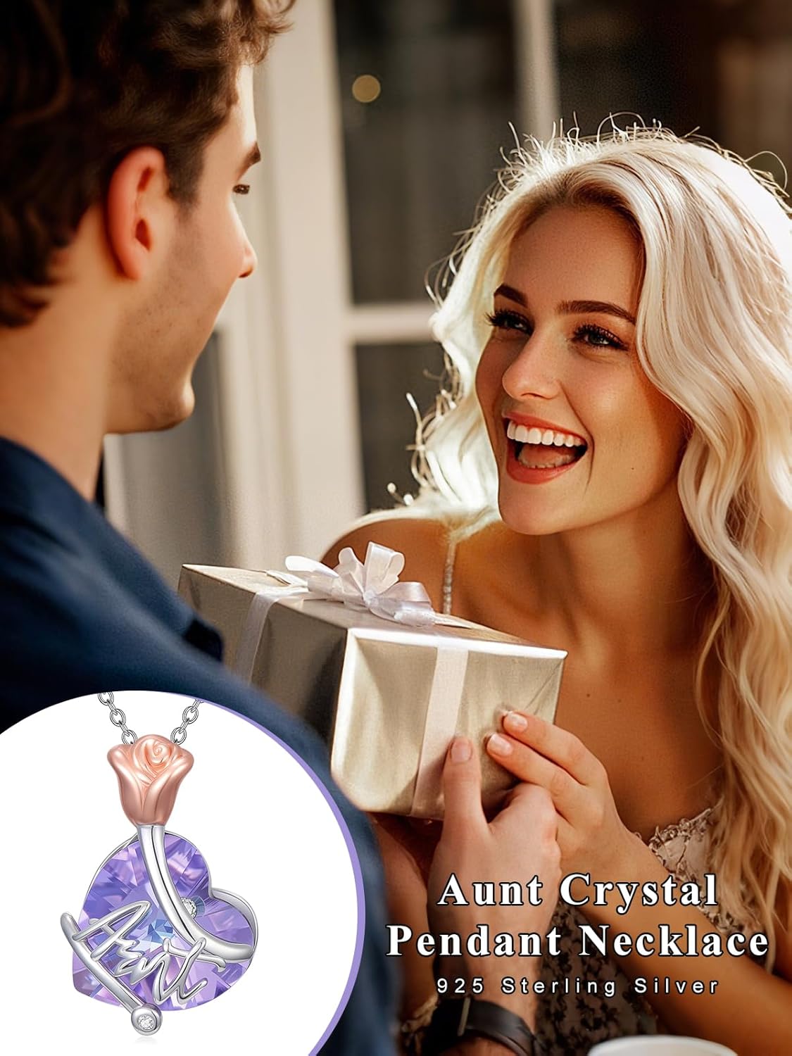 Midari Christmas Gift Heart Crystal Necklace Sterling Silver Rose/Sunflower Necklace Floral Pendant I Love You Mom Jewelry Mothers Day Birthday Xmas Jewelry Gifts for Women from Family Stocking Stuffers - Image 6