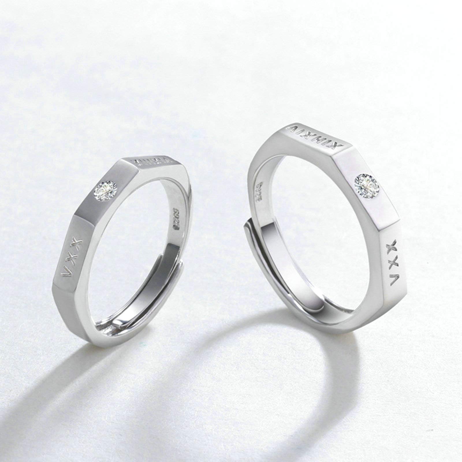 Juego de Anillos, Plata de Ley 925 Anillo Regulable Números Romanos Ajustables Grabado Pareja de Regalo de Anillo de Aniversario