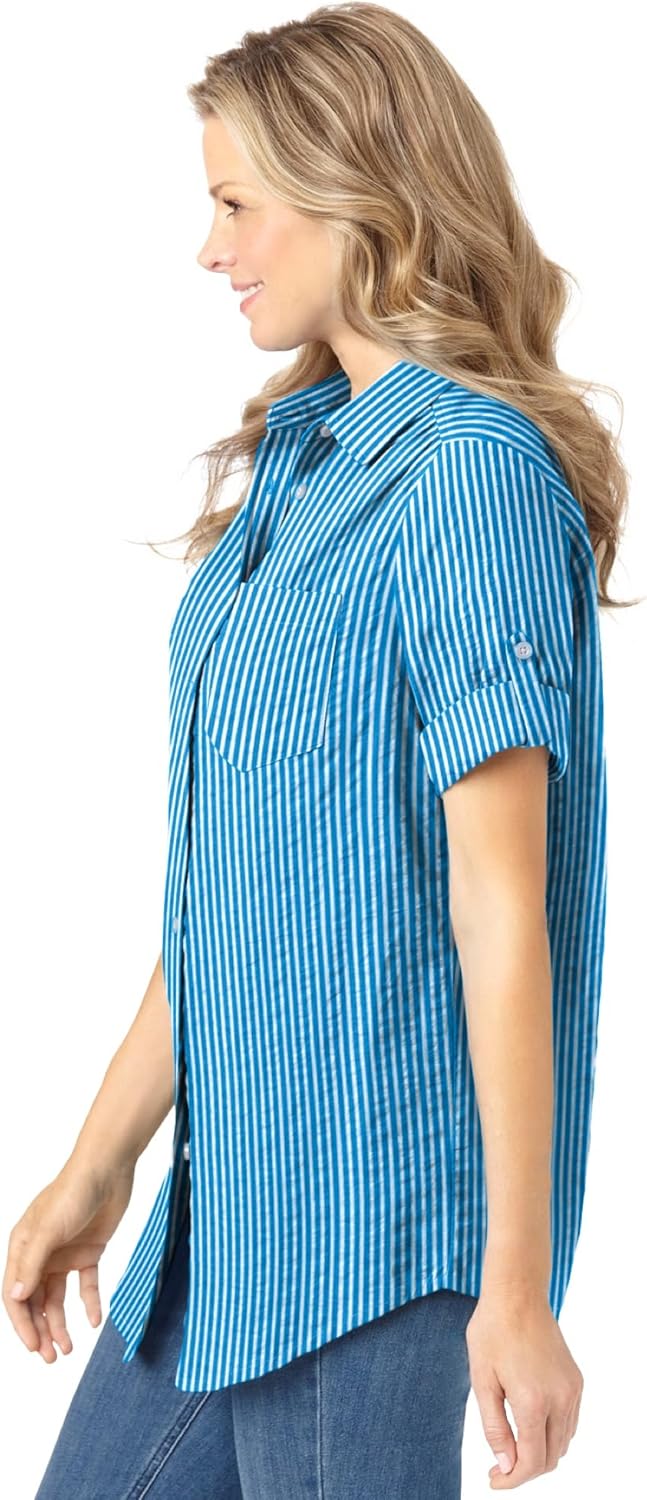 Woman Within Plus Size Short-Sleeve Button Down Seersucker Shirt - Image 4