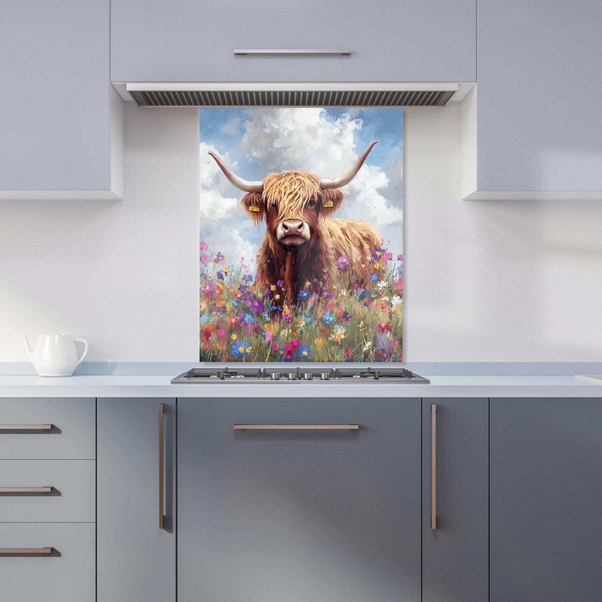 Warren Reed - Designer Premium Highland Cow In A Summer Meadow Kitchen Splashback 6Mm Toughened Glass Kitchen Splashback – Heat Resistant Splashback For Kitchens, Perfect For Cookers And Hobs, Polished Edges