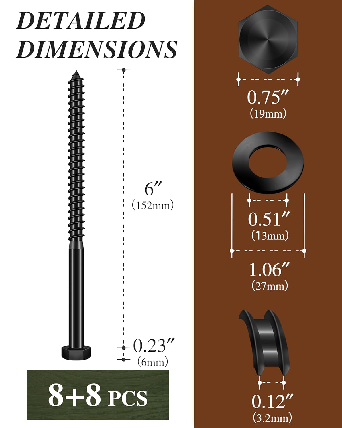 (2Box) 3/8" x 6" Hex Head Lag Screws Bolts with Flat Washers, 16Sets Black 304 Stainless Steel 18-8 Heavy Duty 3/8 Lag Bolts for Wood with Hex Socket