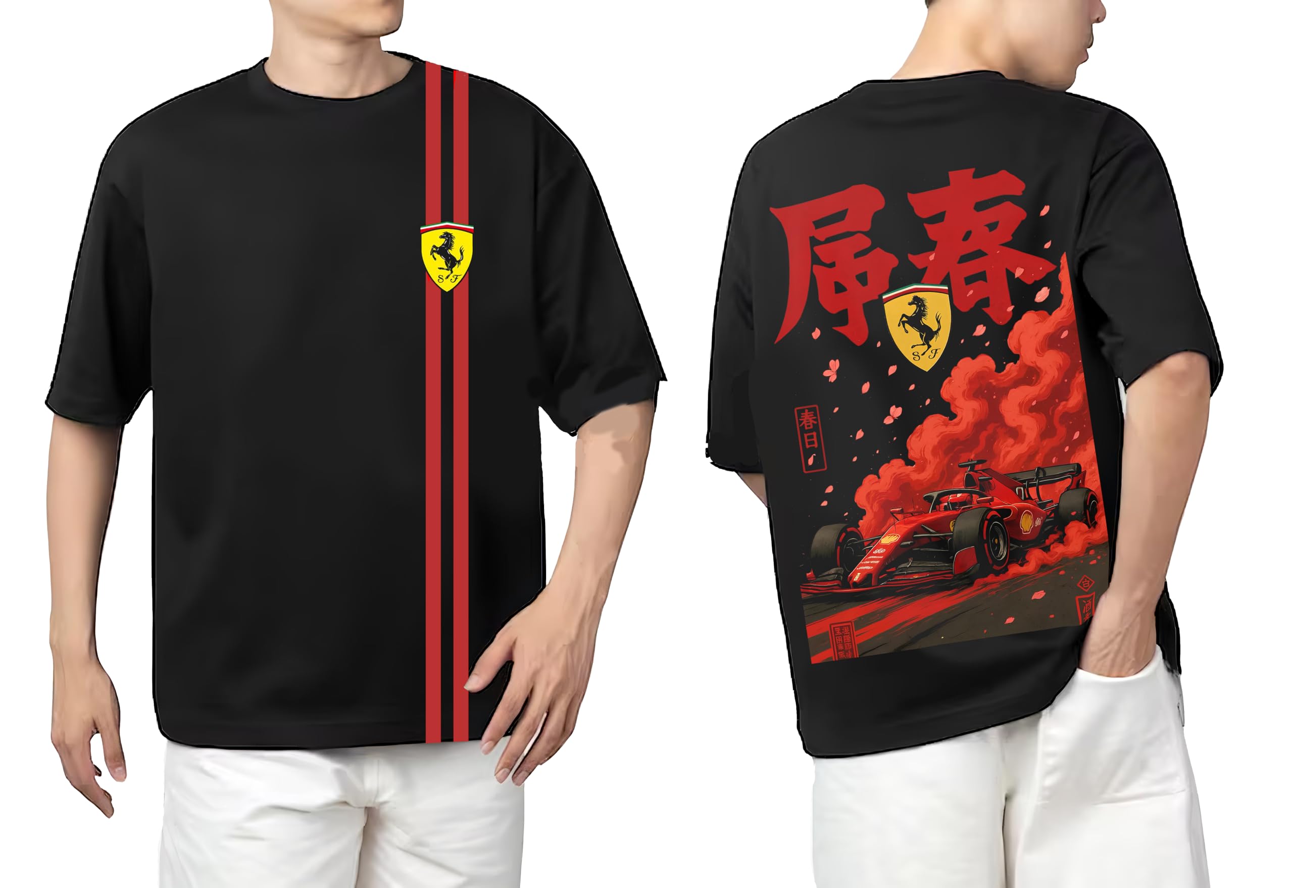 Tshirt Racing Car Model : 048 Men Cotton Printed Oversized/dropshoulder/Round Neck Black Tshirt for Men Women Unisex