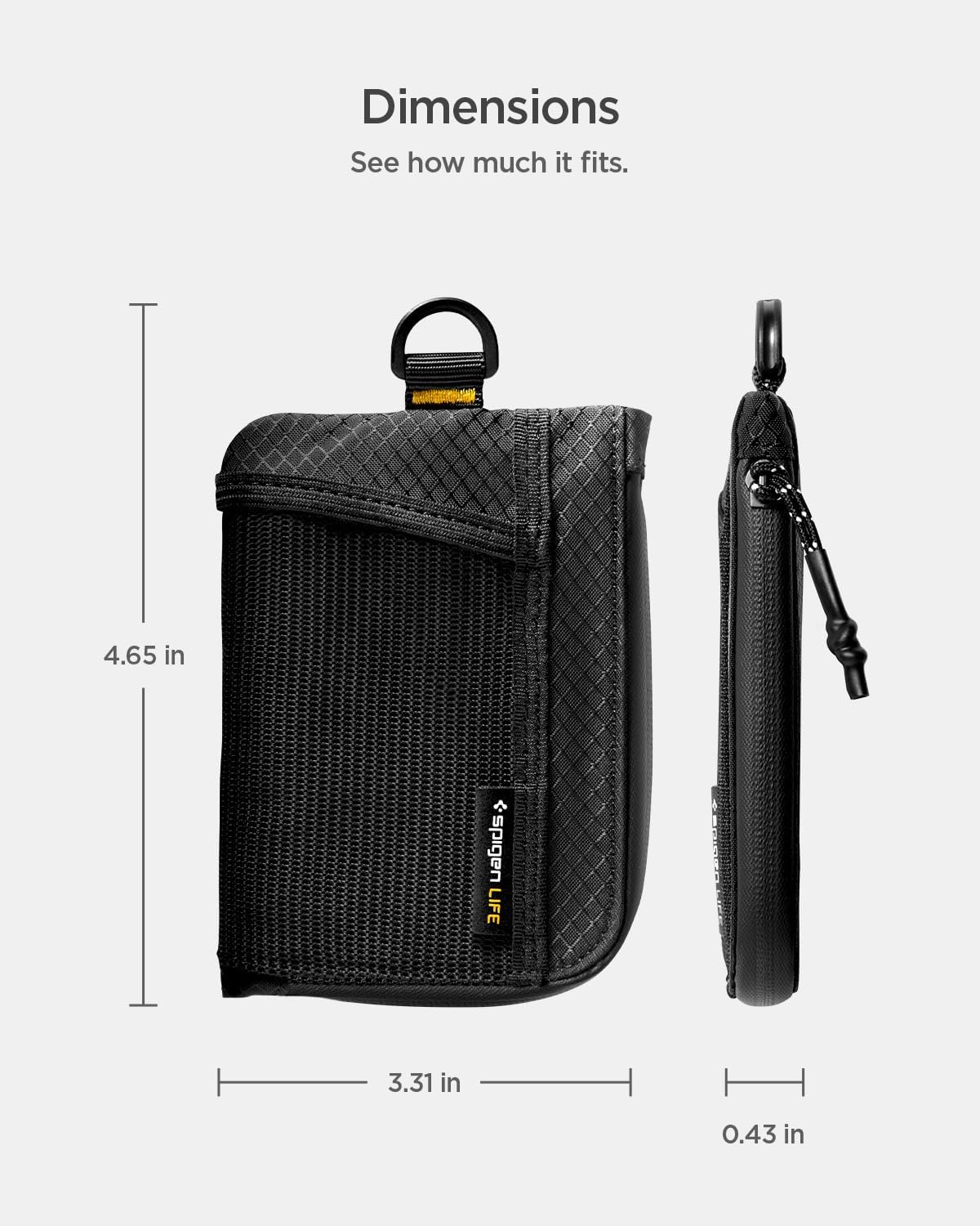 Spigen Life for Soft Material Card Wallet, RFID Blocking Slim EDC Wallet with Mesh Pocket, D-Ring Strap, Waterproof YKK Zipper, Lightweight Everyday Carry Card Holder - Black