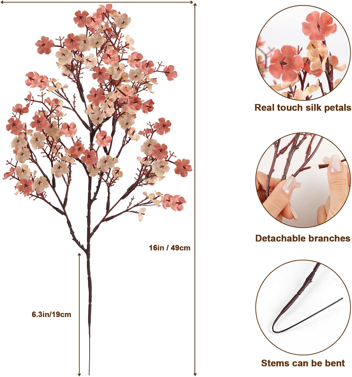 8Pcs Babys Breath Fake Artificial Flowers, Real Touch Light Coffee Color Plants Silk Flowers for Vase Home Office Wedding Spring Winter Indoor Outdoor Centerpiece Table Party Decorations - Image 6