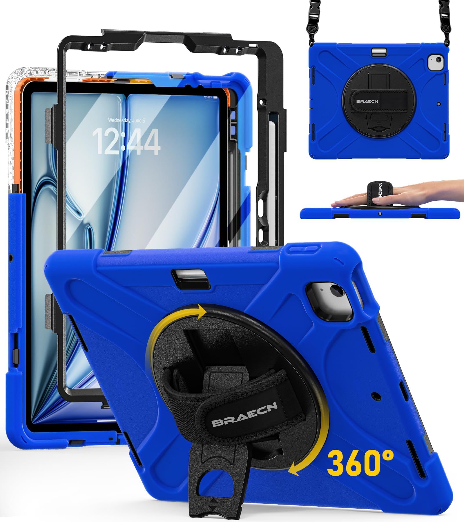 BRAECN für iPad Air 13 Zoll Hülle M4/M3/M2 (2026/2025/2024), Stoßfeste Robuste Tragbare Schutzhülle mit Displayschutz, 360° Drehbare Ständer und Handgurt, Schultergurt, Stifthalter, Blau