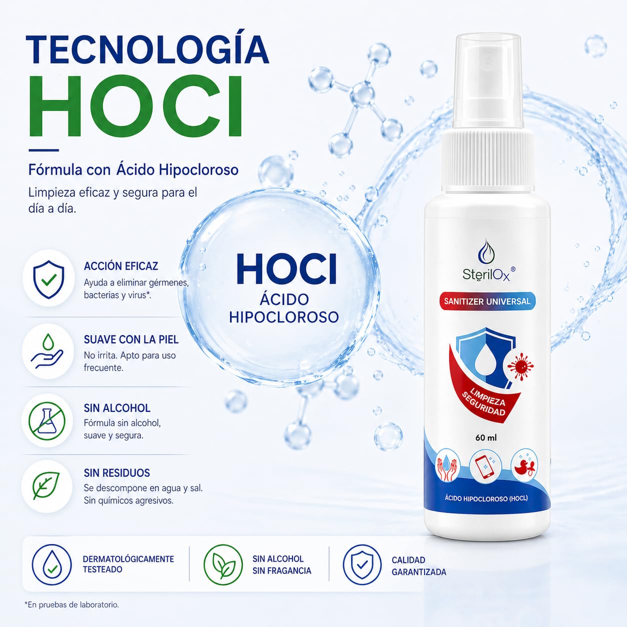 60 ml, spray cosmetico antisettico, per mani, giocattoli, piatti, oggetti, sicuro per bambini e animali domestici, senza alcool, senza profumo, con acido ipocloroso (HOCl)