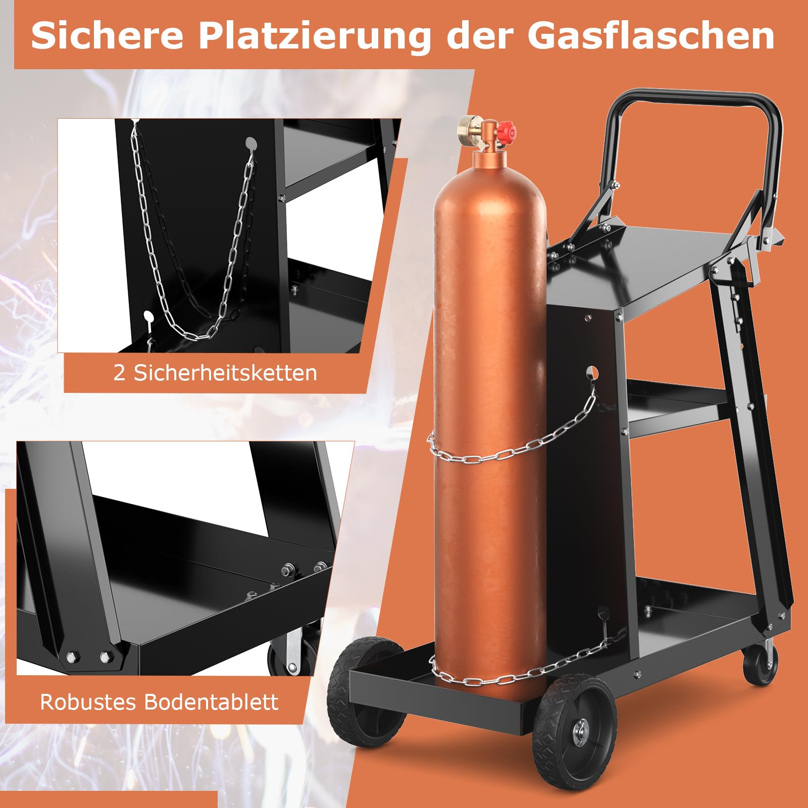 GYMAX Carro de Soldadura Profesional, Carro Móvil para Taller con 3 Estantes, 2 Cadenas para Cilindros de Gas, 2 Ganchos Laterales, Ruedas Giratorias y Fijas, Capacidad 50 kg, Diseño Robusto Práctico