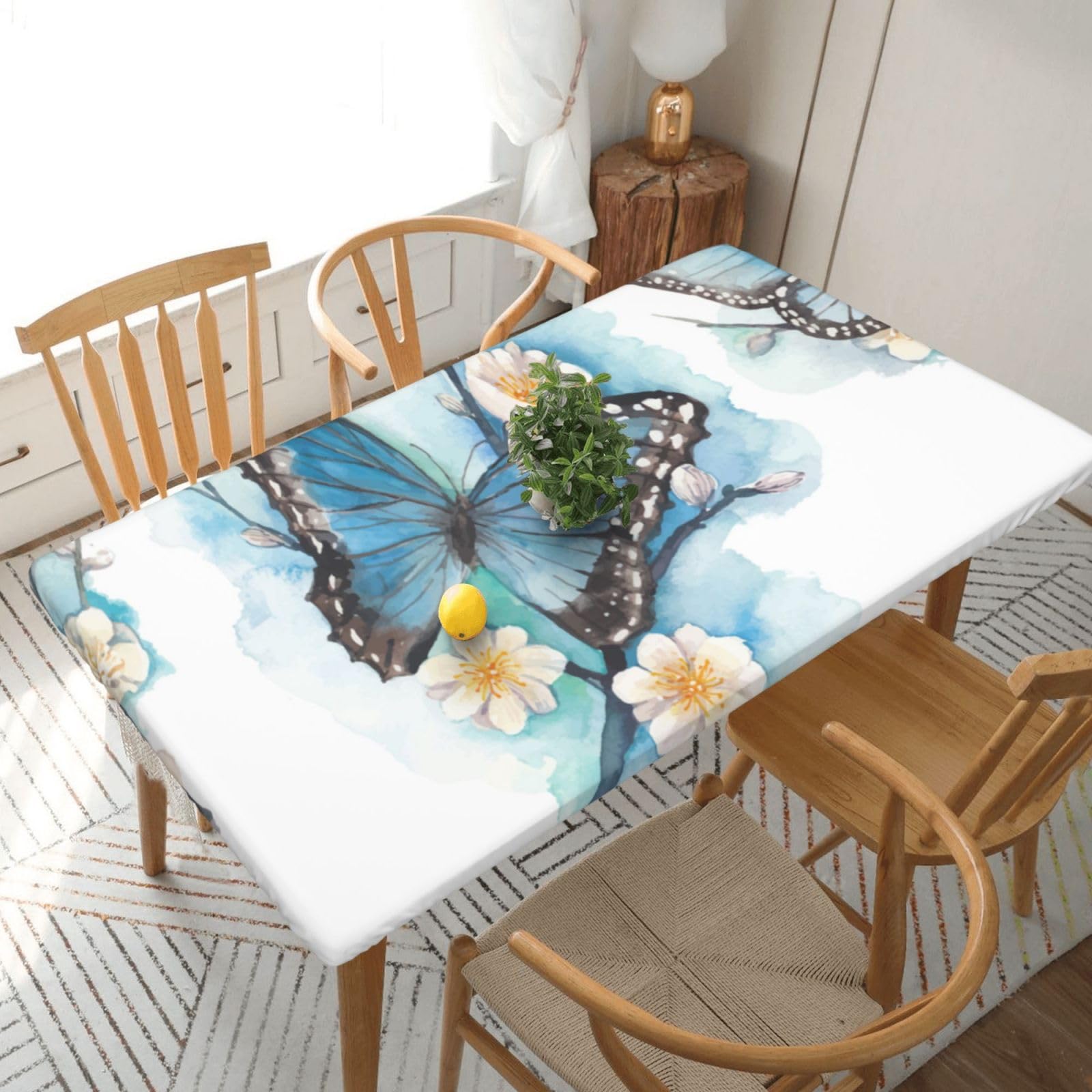 BNVSADC Blue Butterfly On Blossom Flower Printed 5FT Tablecloth Polyester Kitchen Water Resistant Table Cloth Dining Table Decoration Table Covers, 152x76 CM
